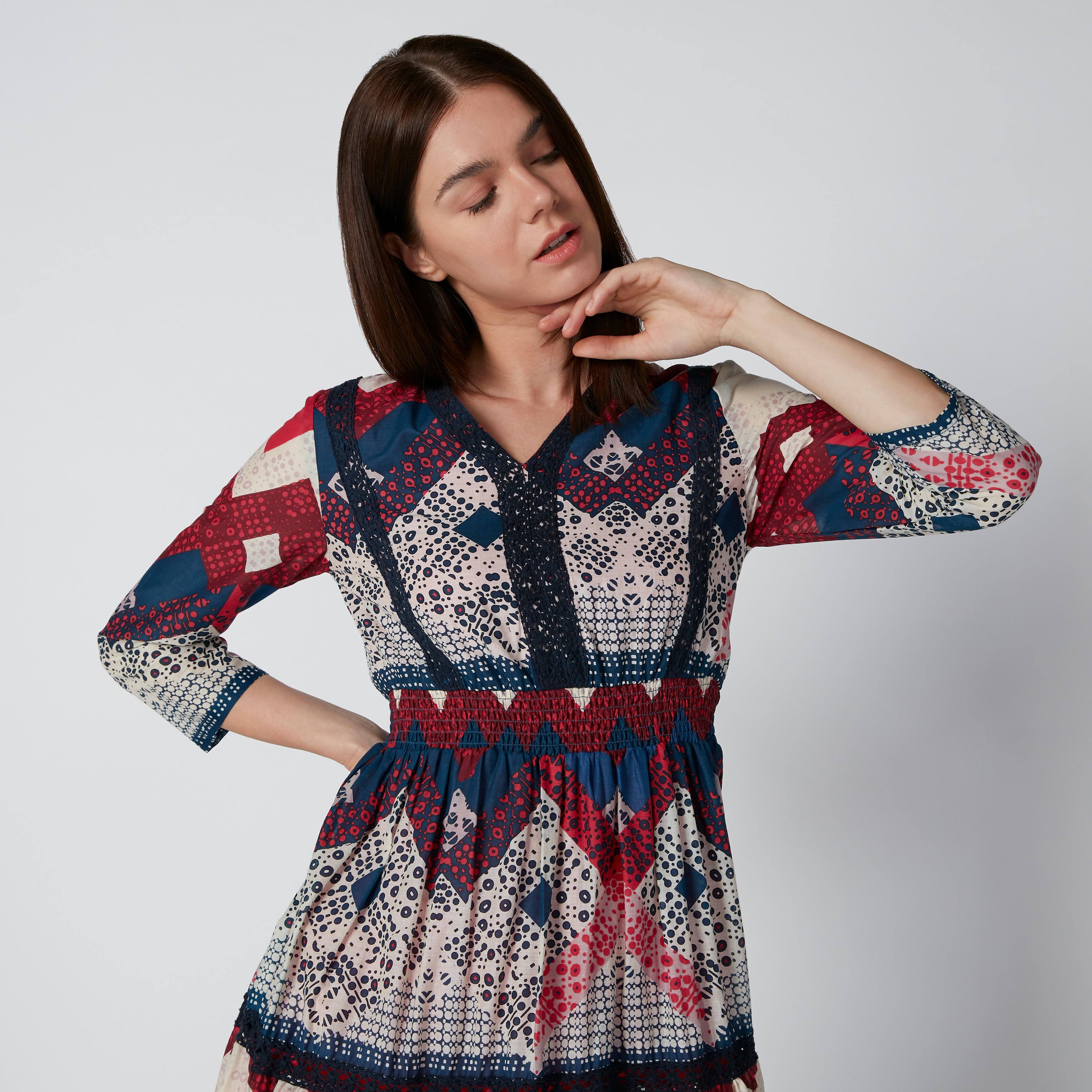 فستان طويل إيه لاين بياقة V وأكمام 3/4 وطبعات-women-clothing-dresses-image-3