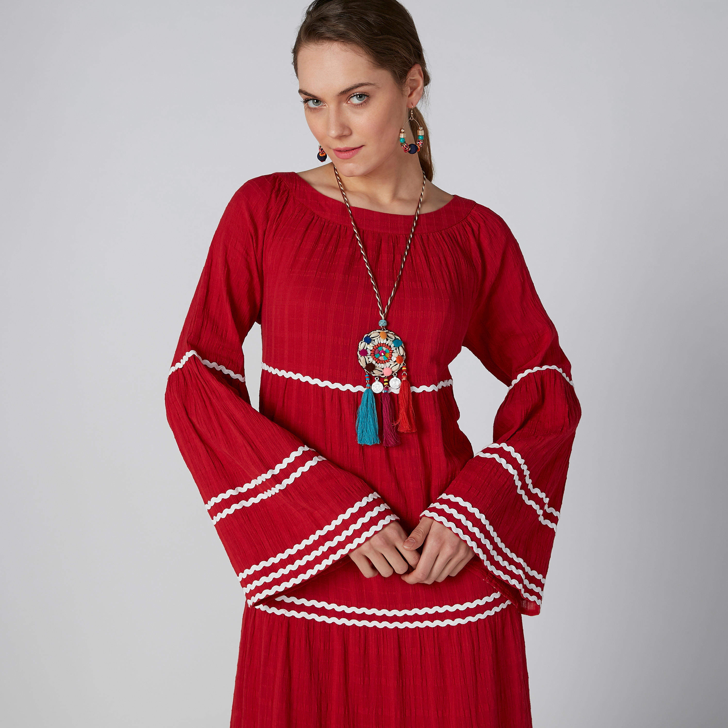 فستان إيه لاين طويل بأكمام واسعة وشريطة-women-clothing-dresses-image-5