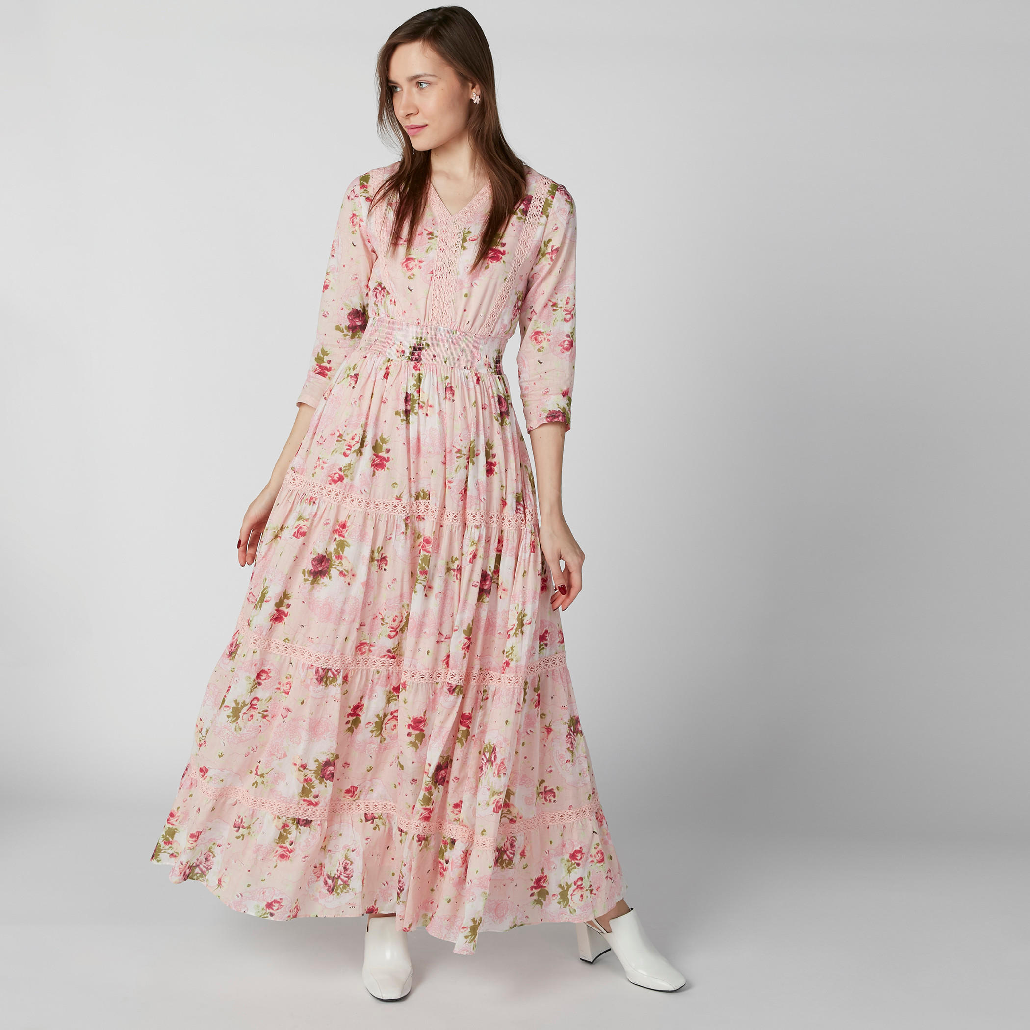 فستان طويل بأكمام 3/4 وتفاصيل دانتيل وطبعات زهرية-women-clothing-dresses-image-1