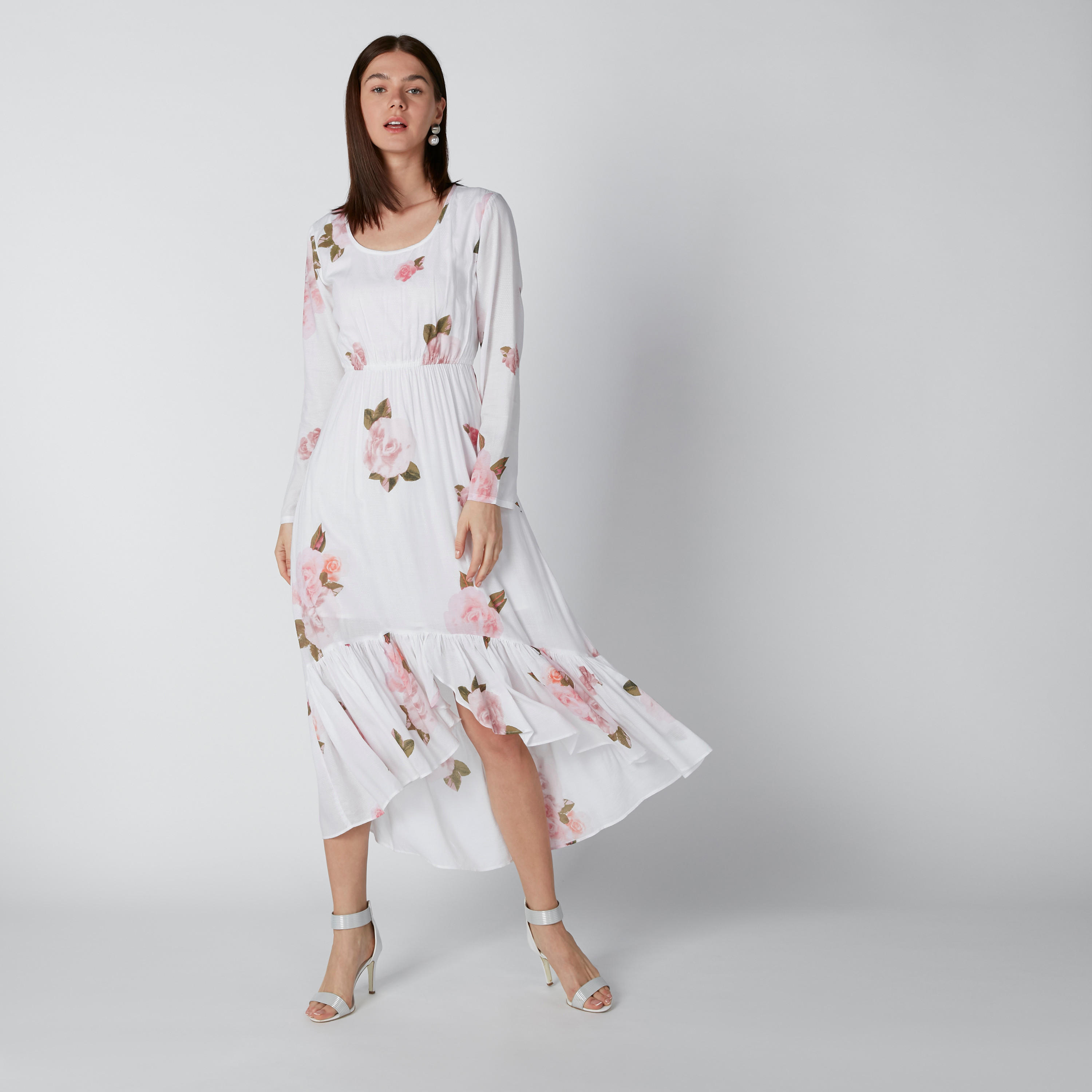 فستان متوسط الطول بأكمام طويلة وحوّاف غير مستوية وطبعات زهرية-women-clothing-dresses-image-1