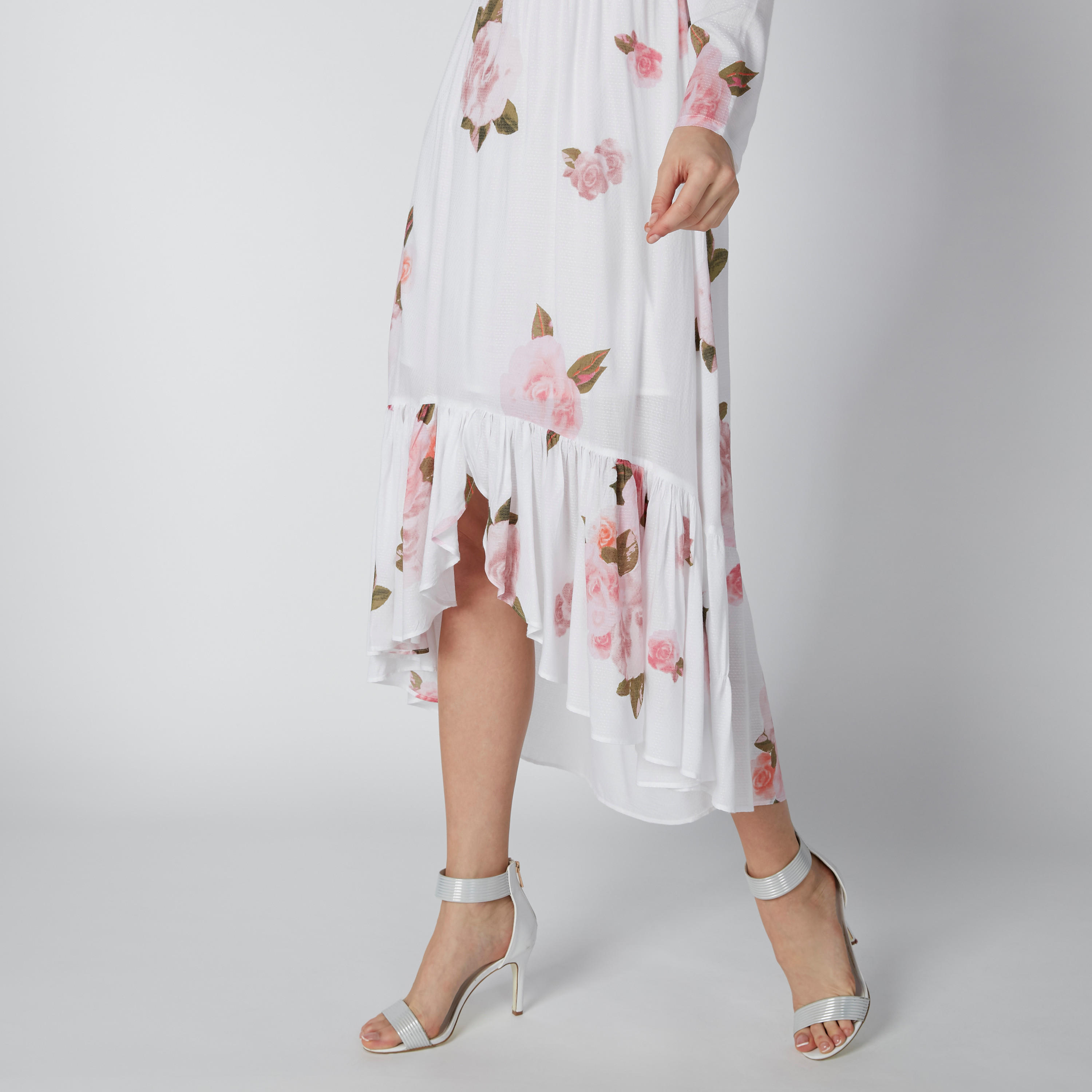 فستان متوسط الطول بأكمام طويلة وحوّاف غير مستوية وطبعات زهرية-women-clothing-dresses-image-3