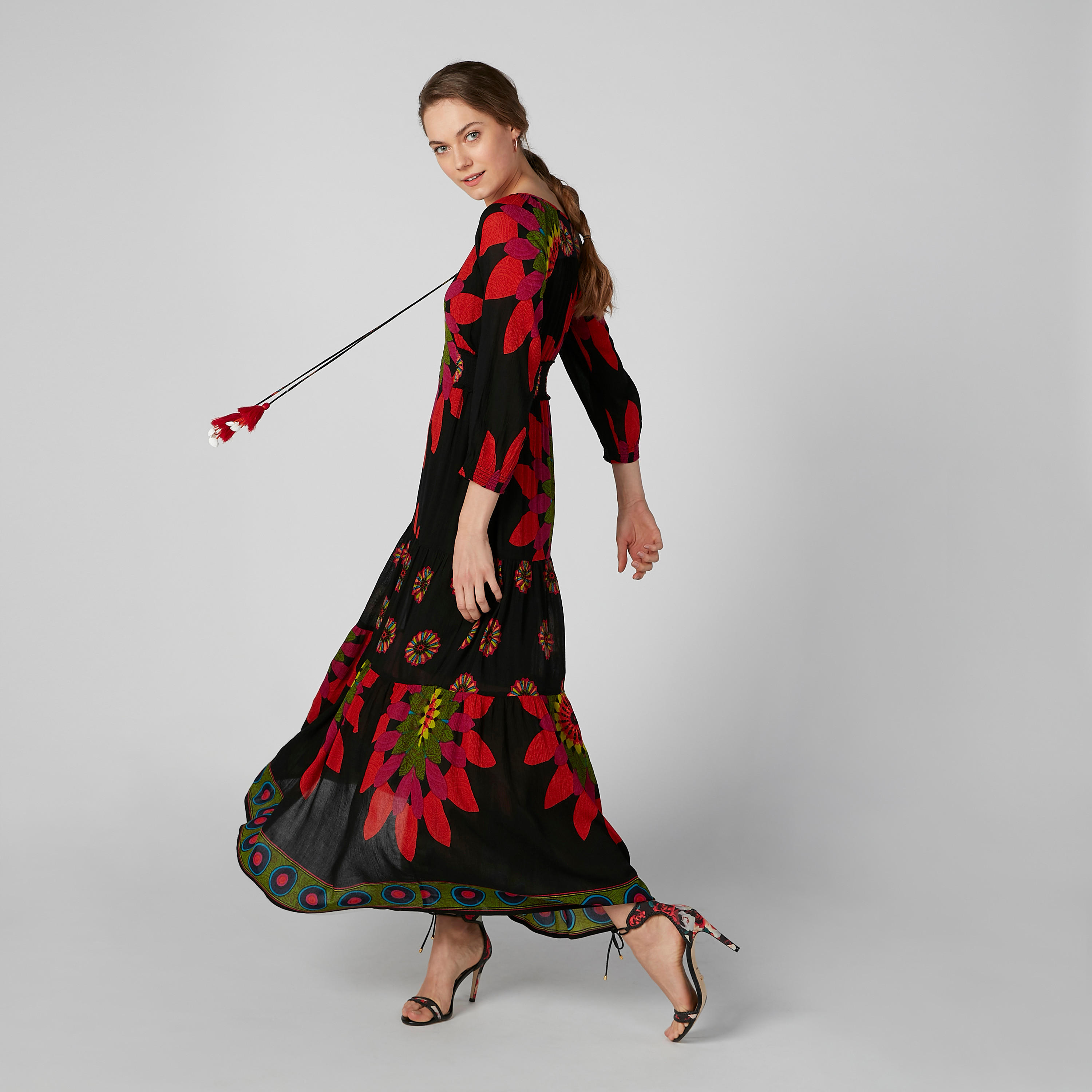 Printed Maxi A-Line Dress with 3/4 Sleeves and Tie Ups-women-clothing-dresses-image-1