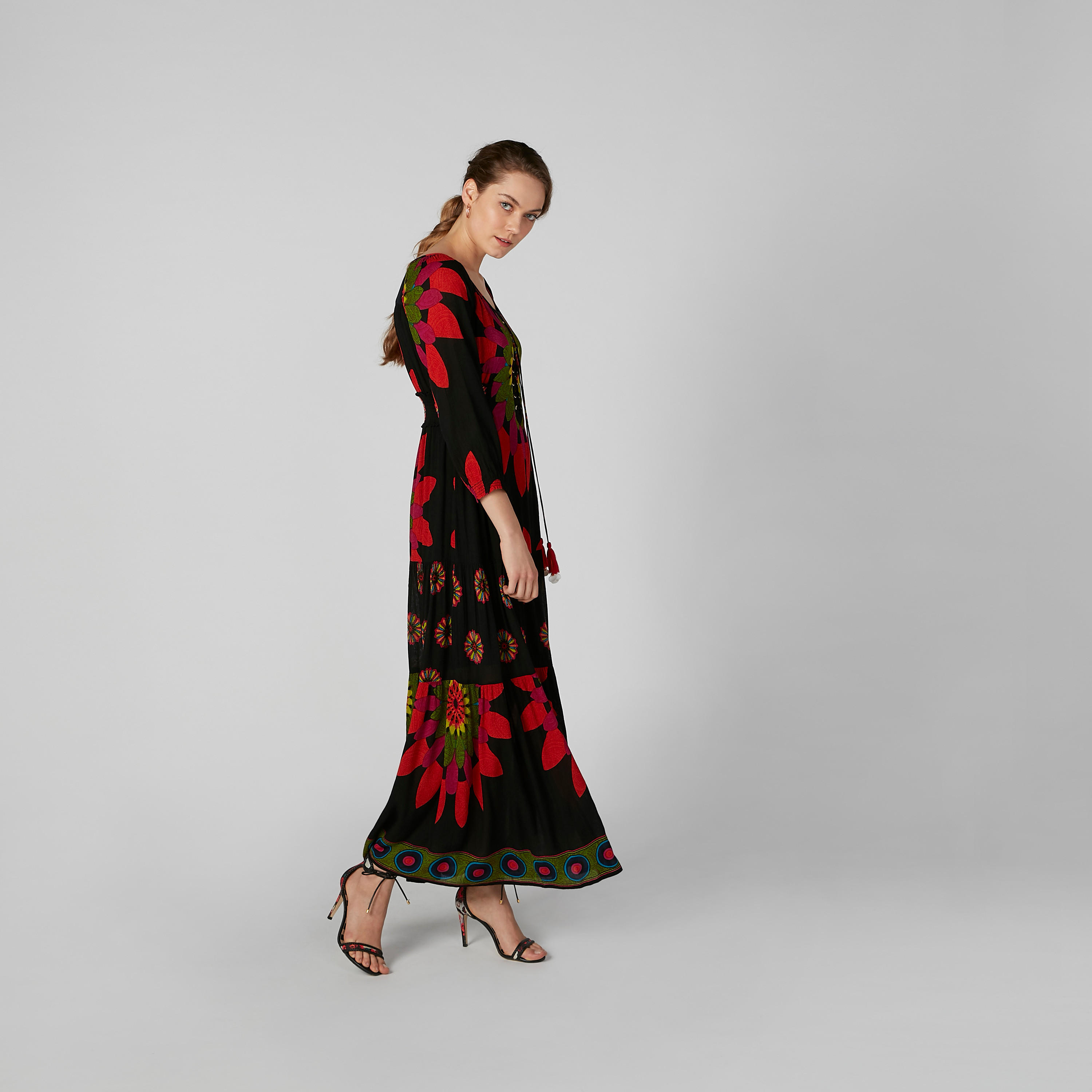 Printed Maxi A-Line Dress with 3/4 Sleeves and Tie Ups-women-clothing-dresses-image-2