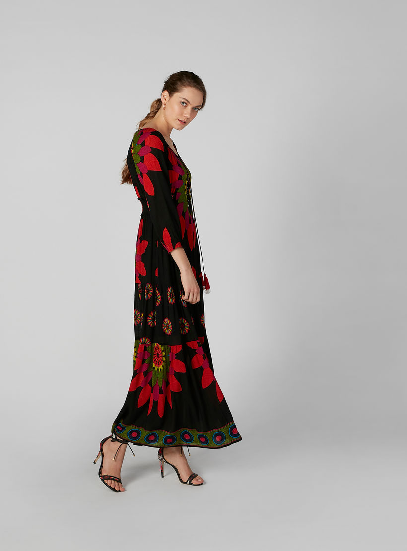 Printed Maxi A-Line Dress with 3/4 Sleeves and Tie Ups-women-clothing-dresses-image-2