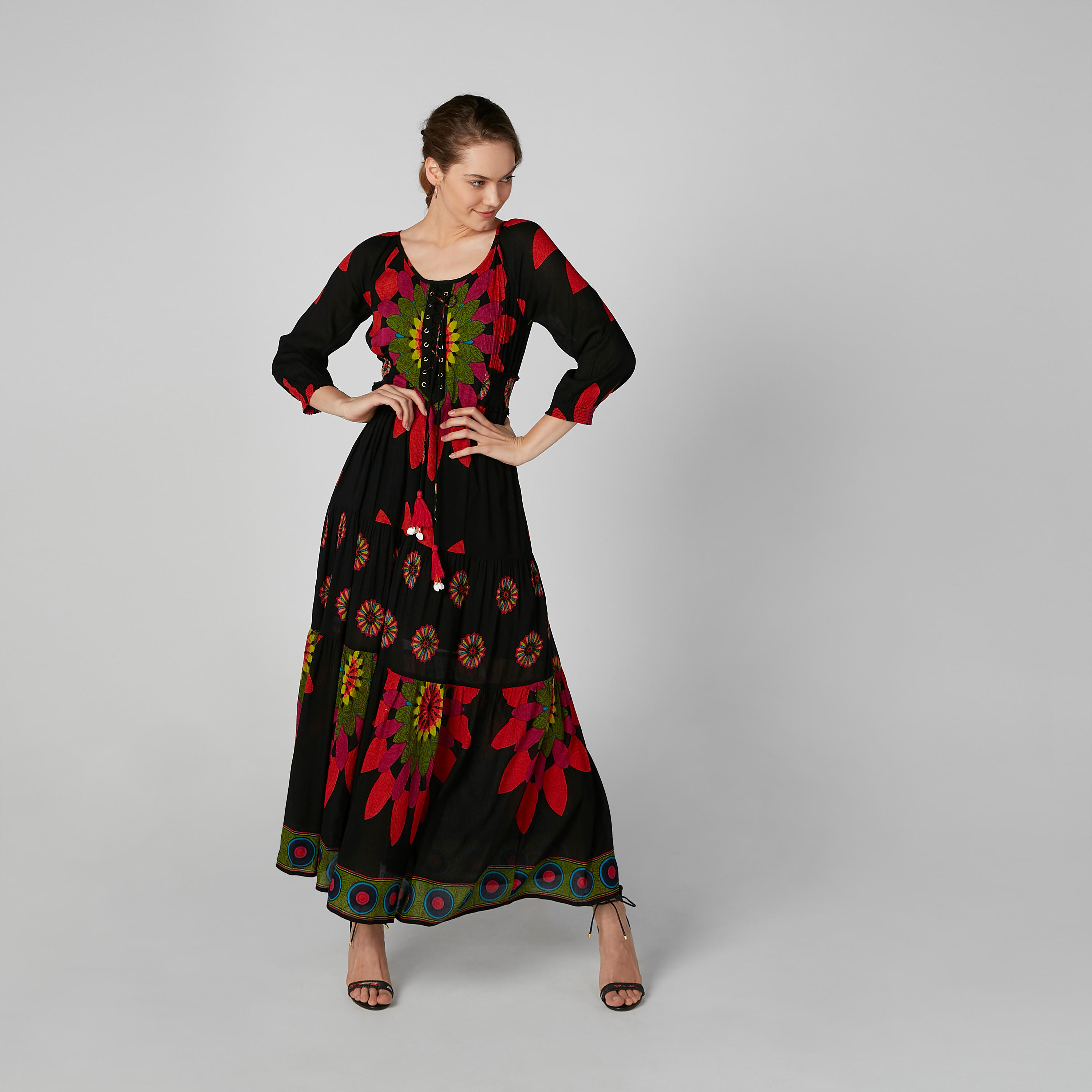 Printed Maxi A-Line Dress with 3/4 Sleeves and Tie Ups-women-clothing-dresses-image-4