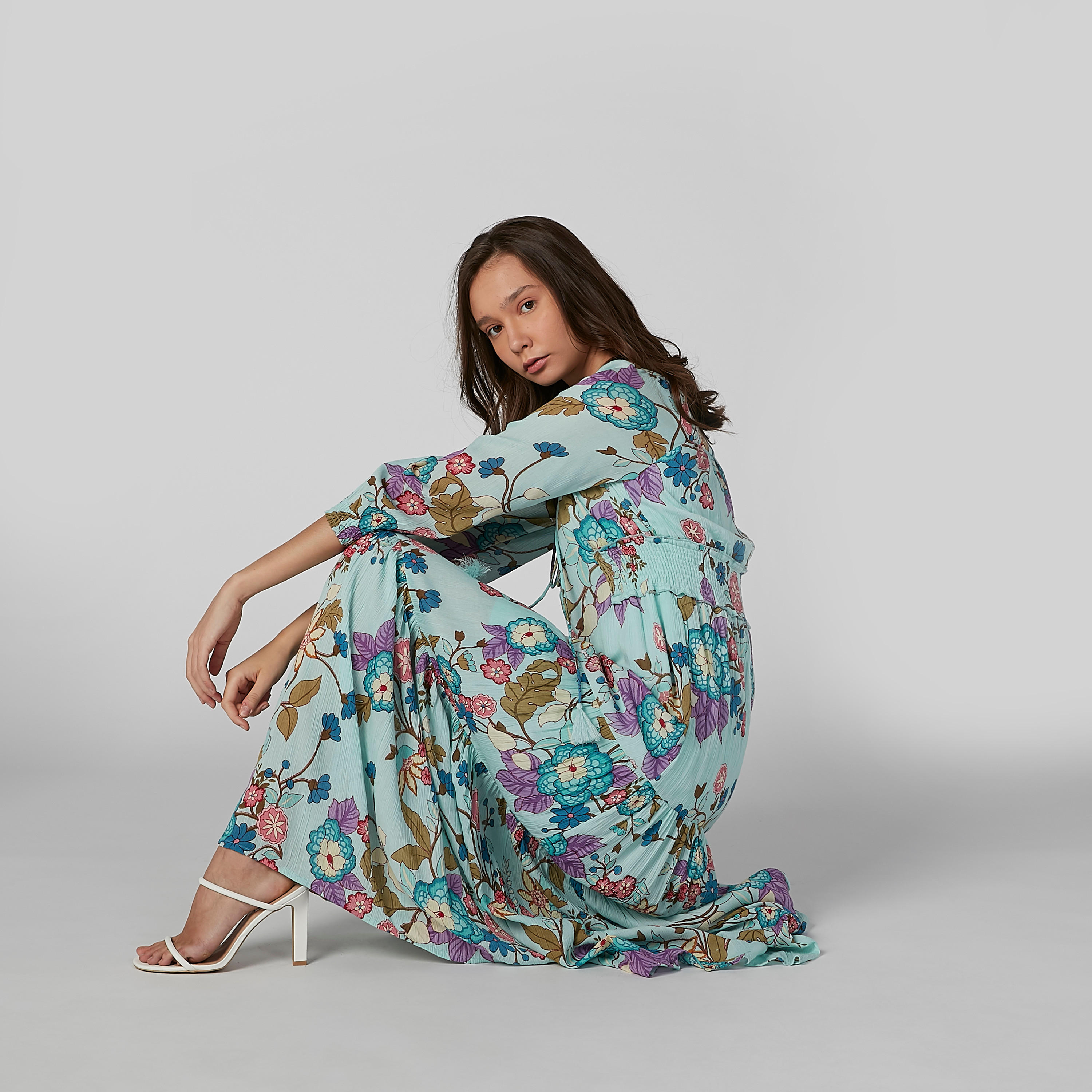 فستان إيه لاين طويل بأكمام 3/4 وأربطة وطبعات زهرية-women-clothing-dresses-image-1