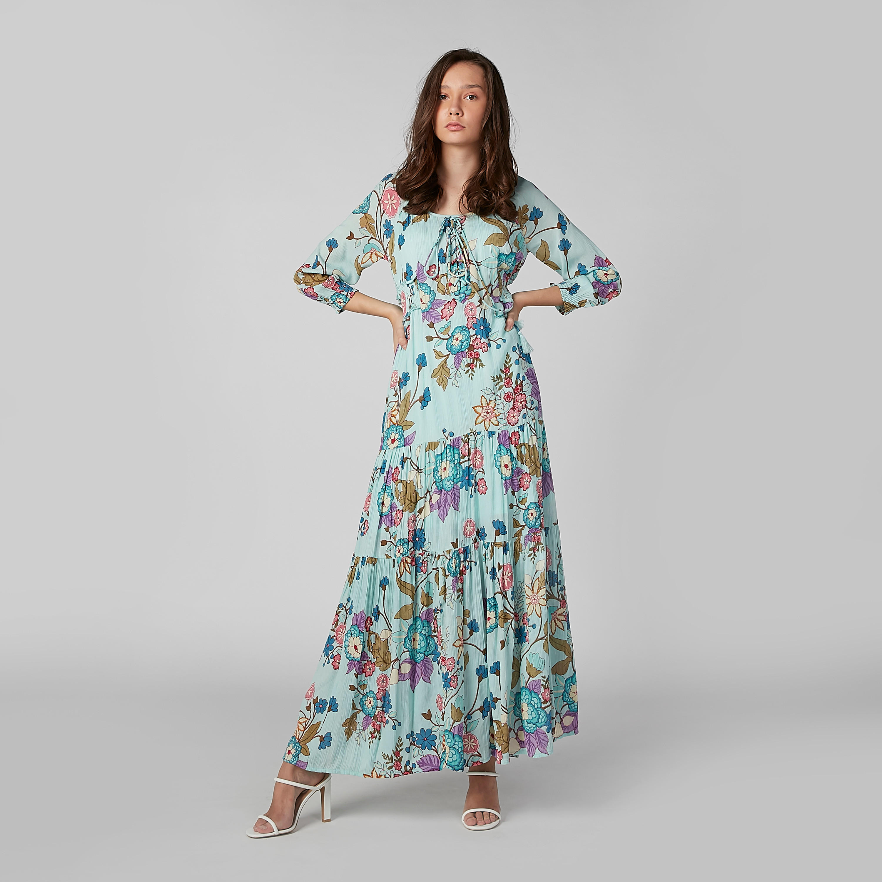 فستان إيه لاين طويل بأكمام 3/4 وأربطة وطبعات زهرية-women-clothing-dresses-image-2