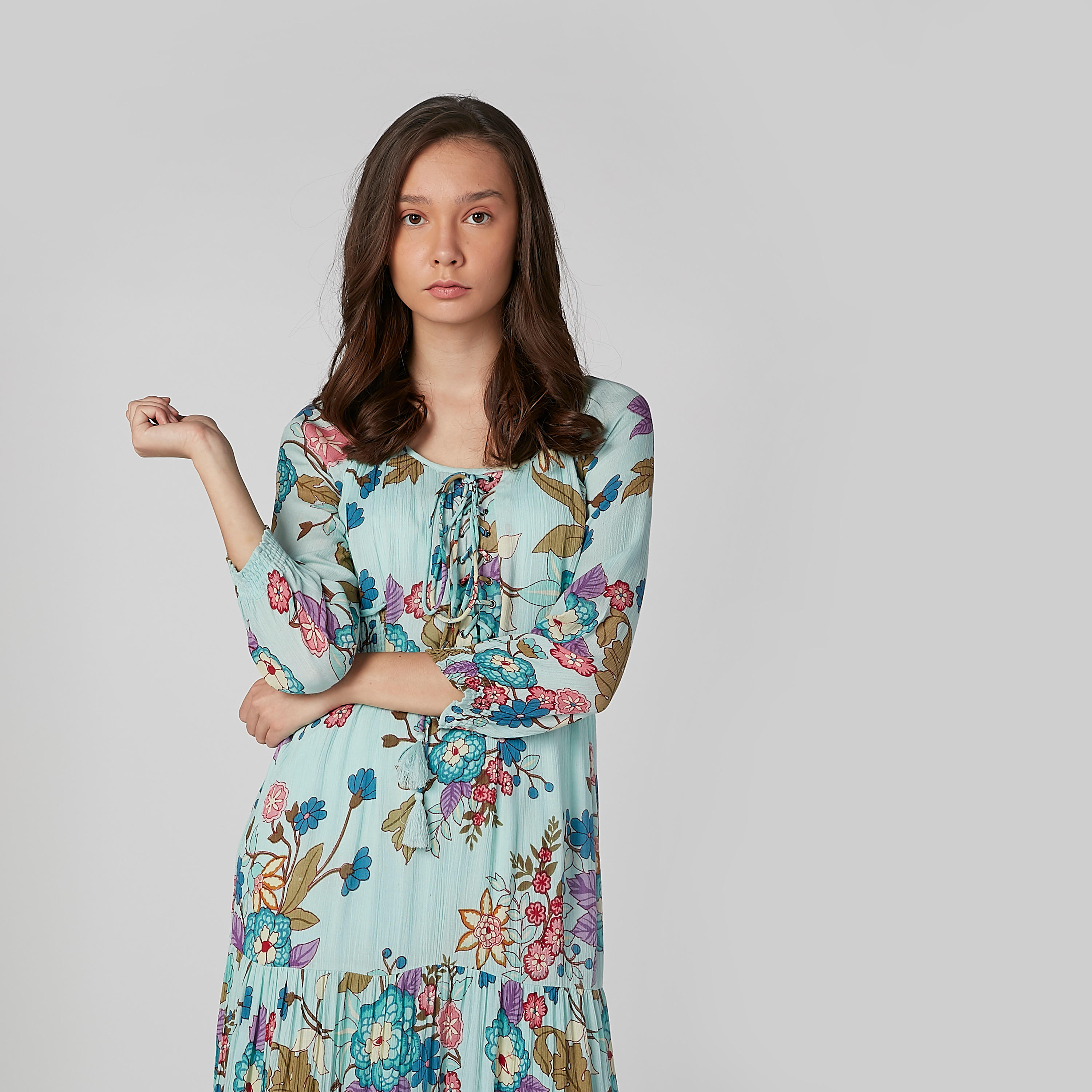 فستان إيه لاين طويل بأكمام 3/4 وأربطة وطبعات زهرية-women-clothing-dresses-image-3