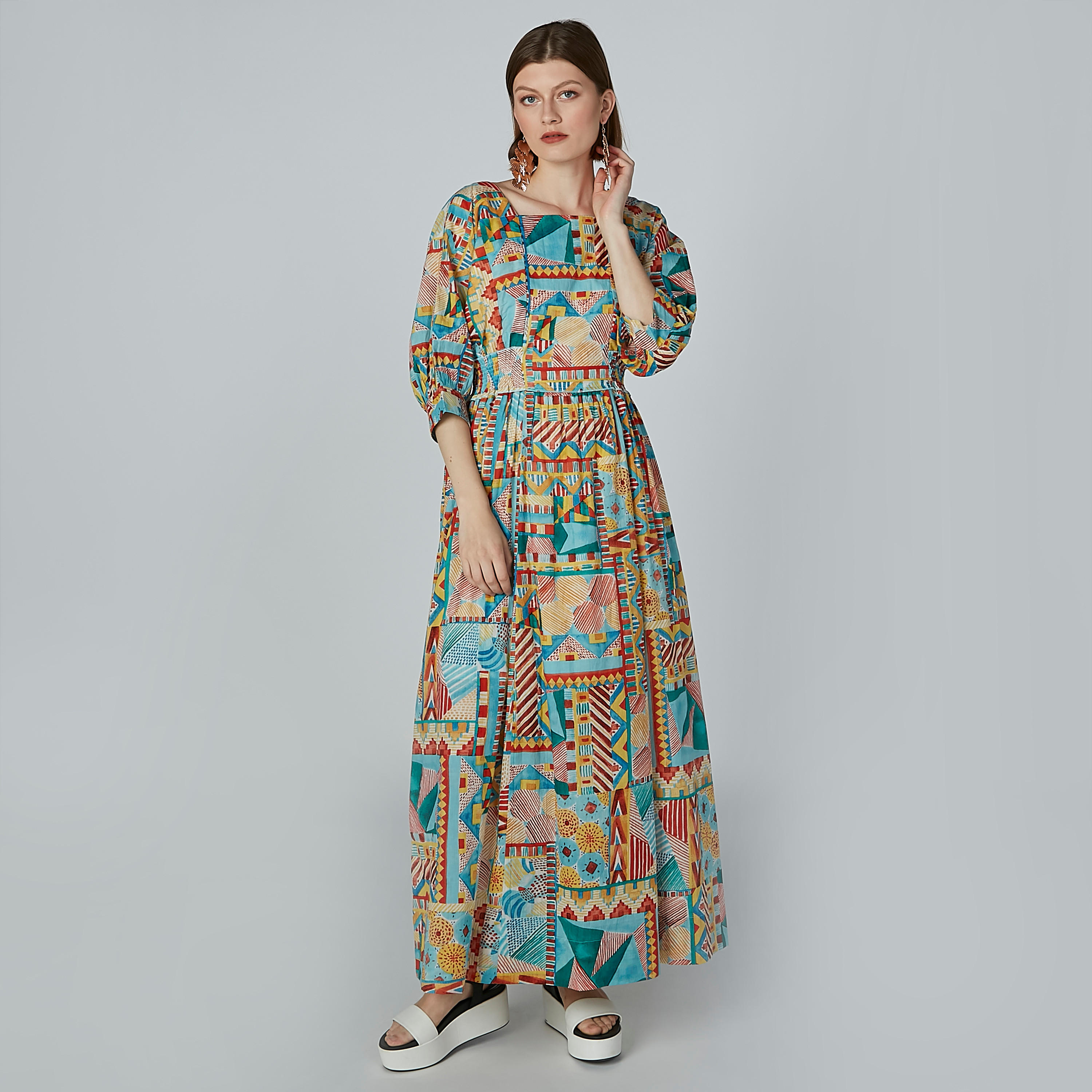 فستان إيه لاين طويل بأكمام 3/4 وطبعات-women-clothing-dresses-image-2