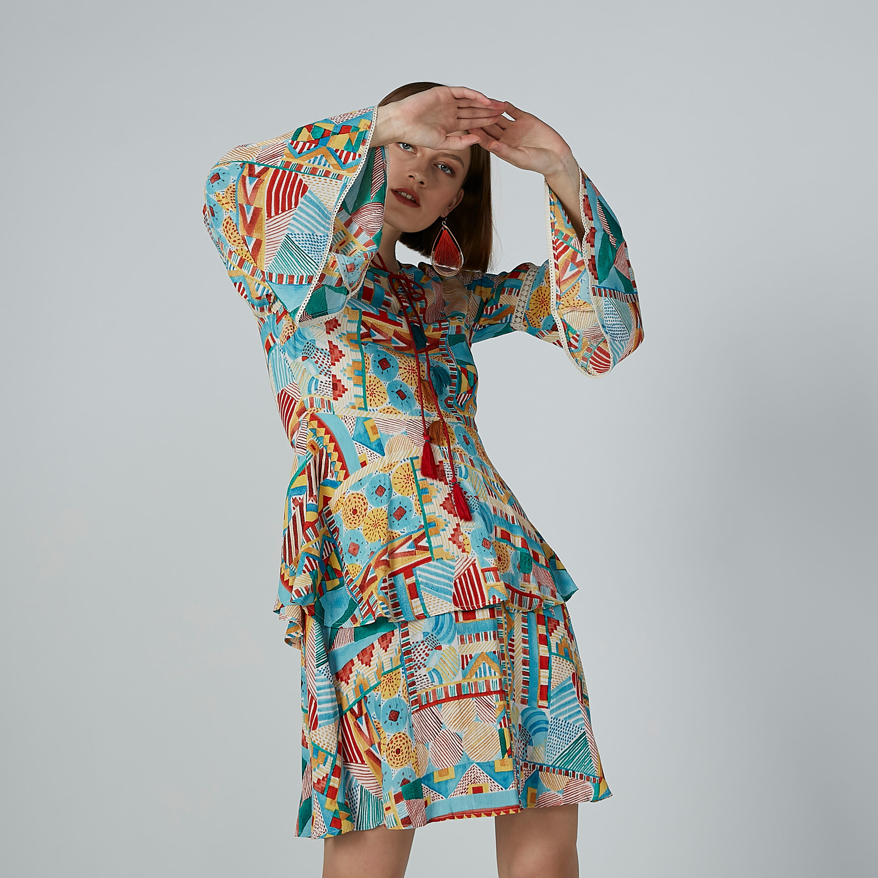 Printed Tunic with Round Neck and Flared Sleeves-women-clothing-shirtsandblouses-blouses-image-1