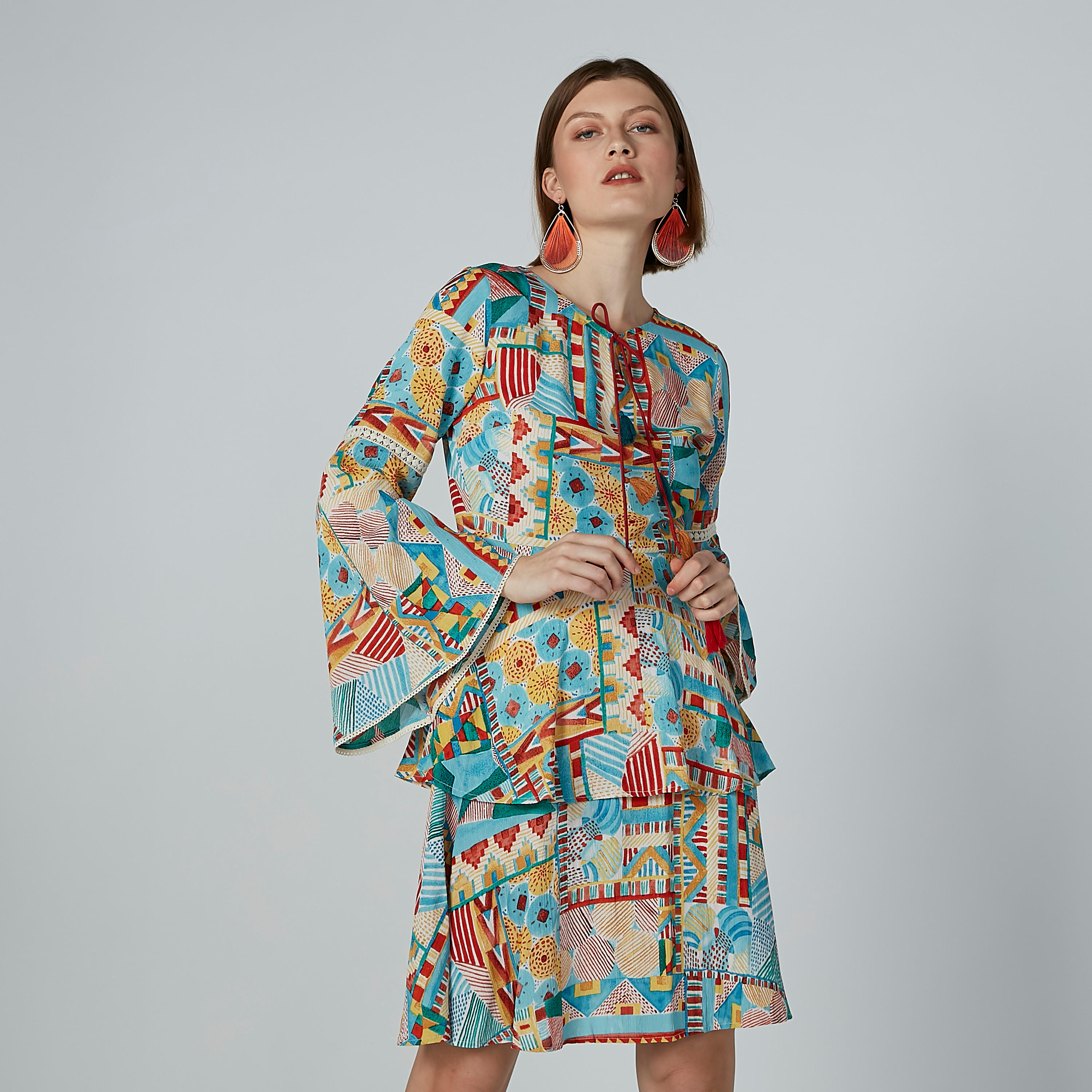 Printed Tunic with Round Neck and Flared Sleeves-women-clothing-shirtsandblouses-blouses-image-5