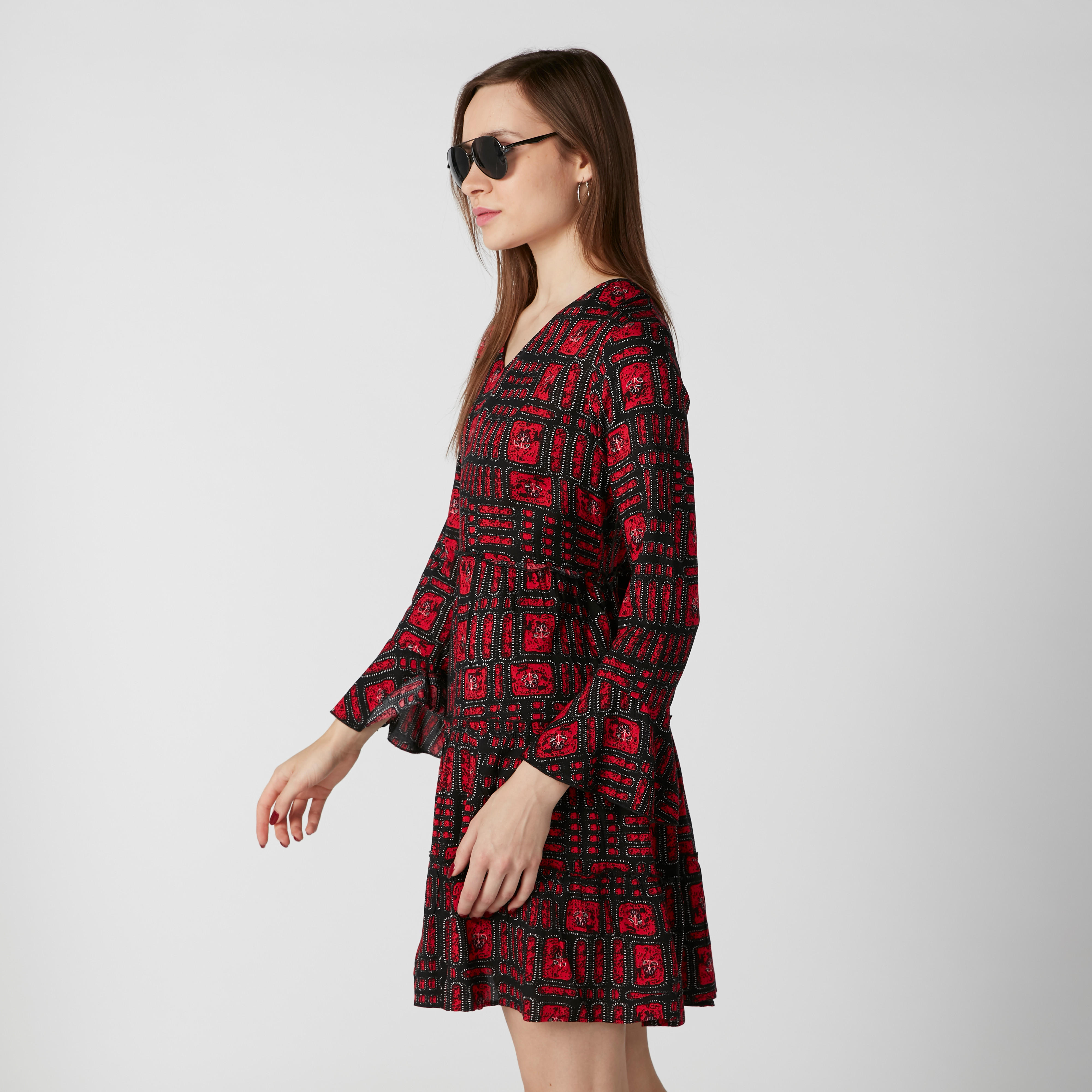 فستان بياقة V وأكمام عريضة وطبعات-women-clothing-dresses-image-1