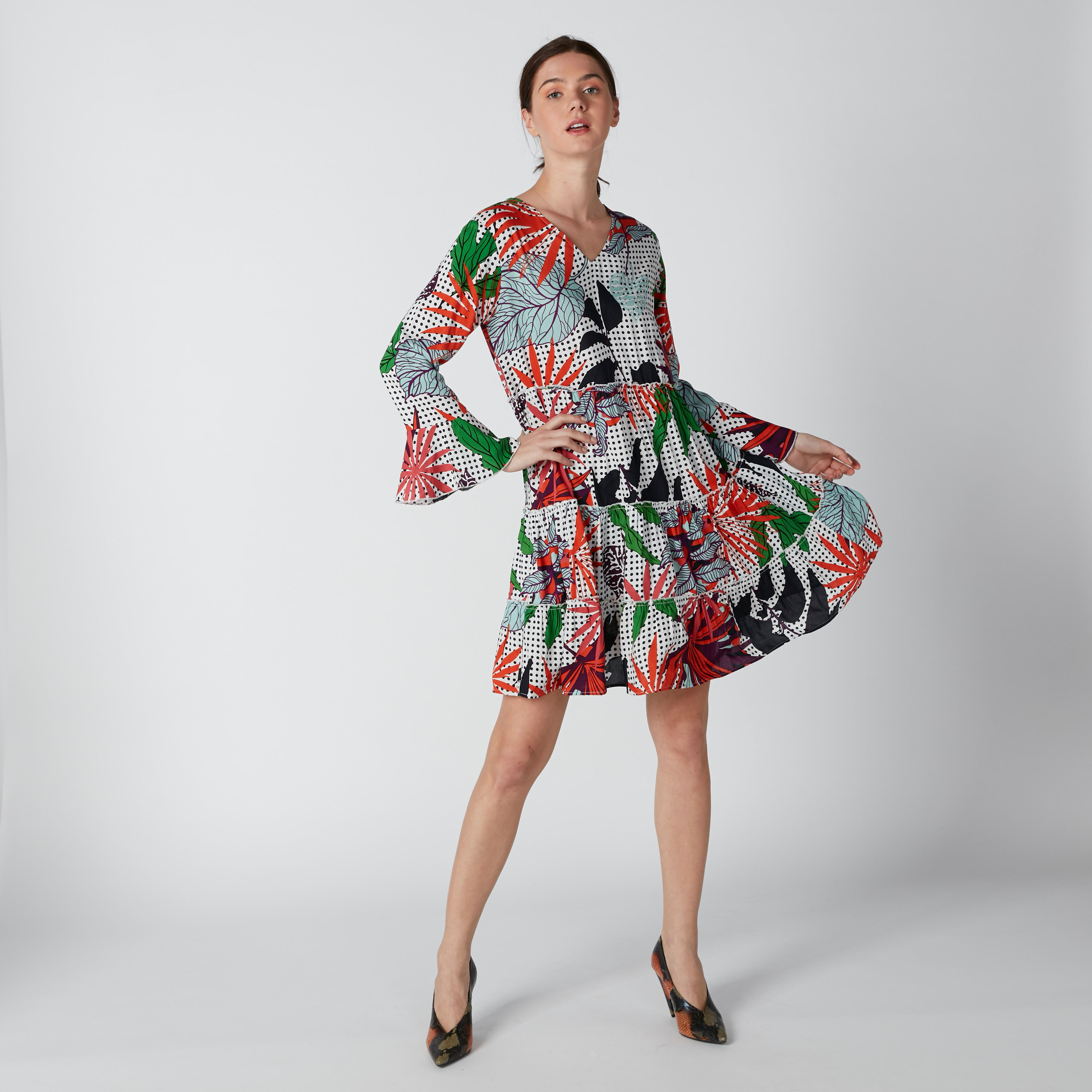 Printed Mini Dress with Flared Long Sleeves-women-clothing-dresses-image-1