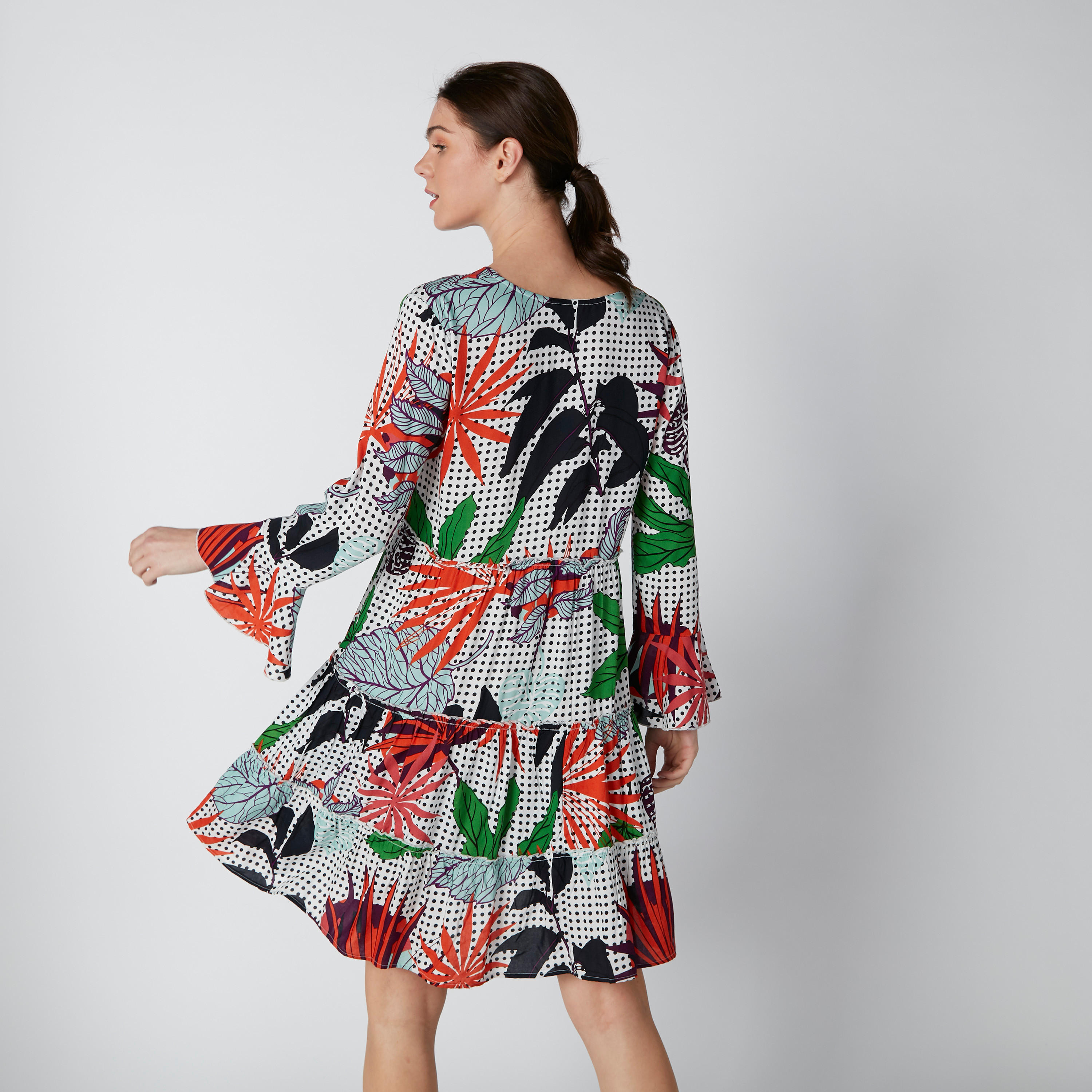 فستان قصير إيه لاين بياقة V وأكمام واسعة وطبعات-women-clothing-dresses-image-2