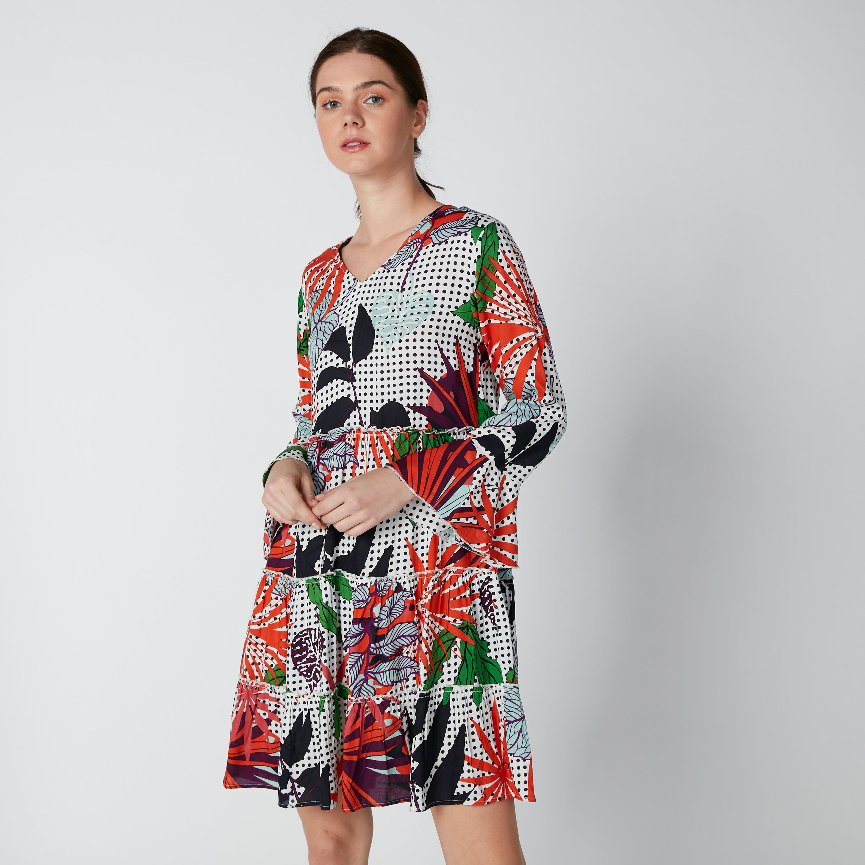 فستان قصير إيه لاين بياقة V وأكمام واسعة وطبعات-women-clothing-dresses-image-3