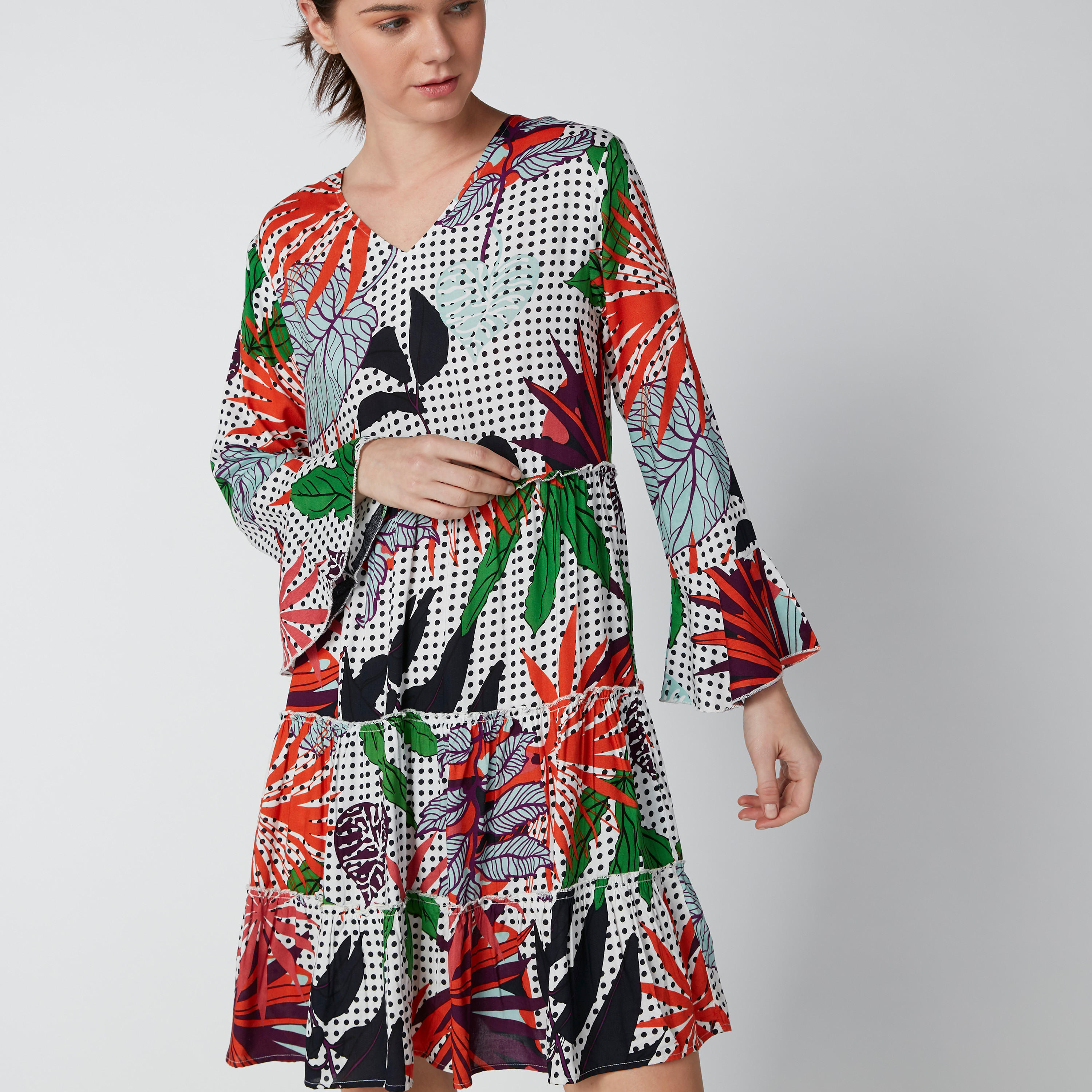 فستان قصير إيه لاين بياقة V وأكمام واسعة وطبعات-women-clothing-dresses-image-4