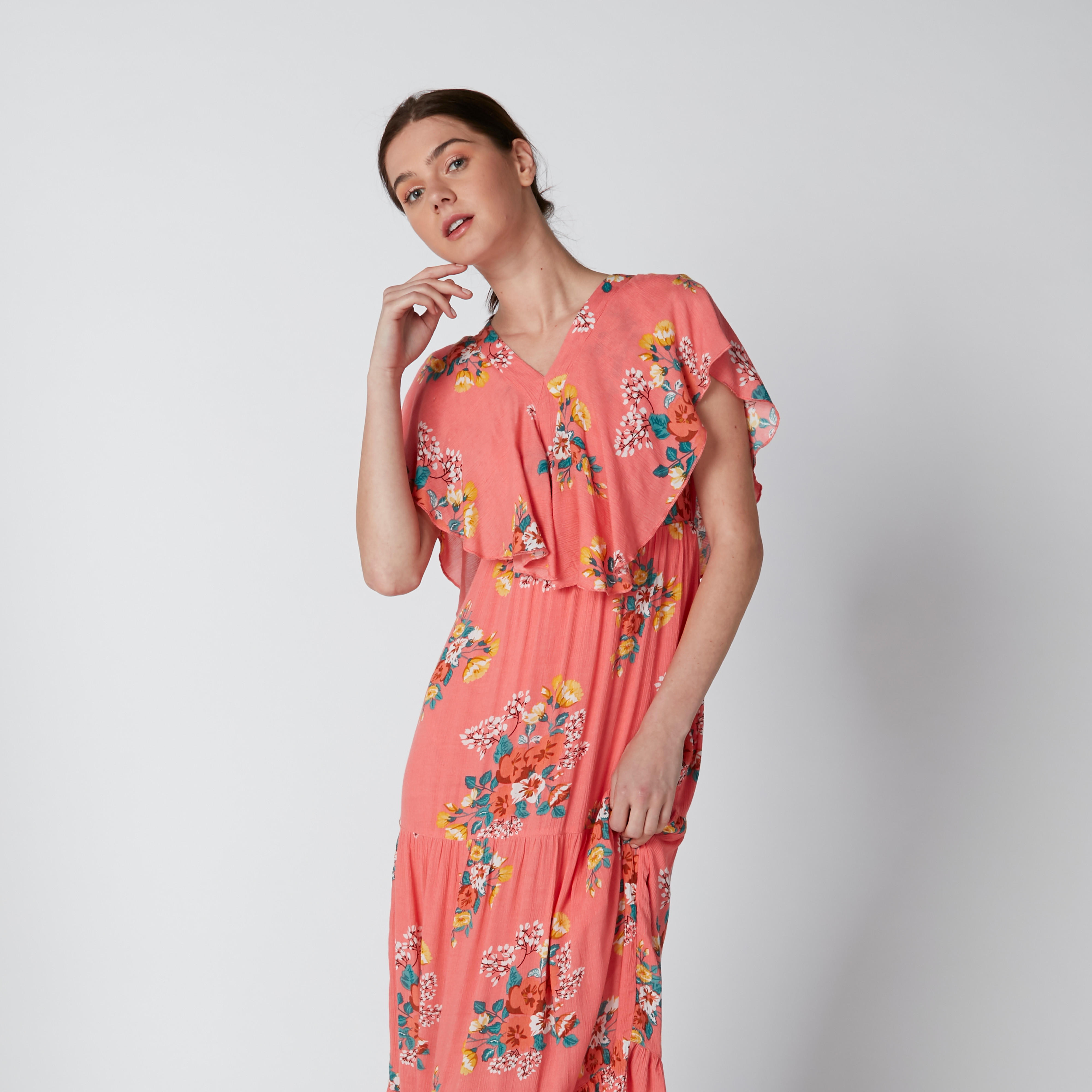 فستان طويل بياقة V وأكمام متصلة وطبعات زهرية-women-clothing-dresses-image-5