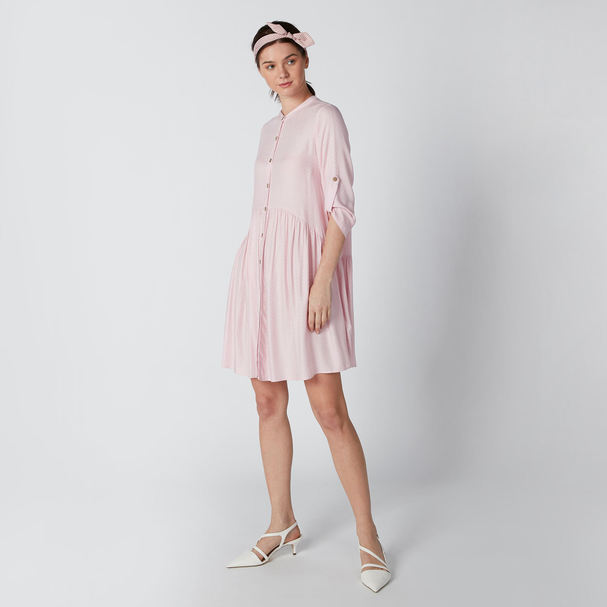 فستان قميص بياقة ماندارين وأكمام مثنية للأعلى-women-clothing-dresses-image-1