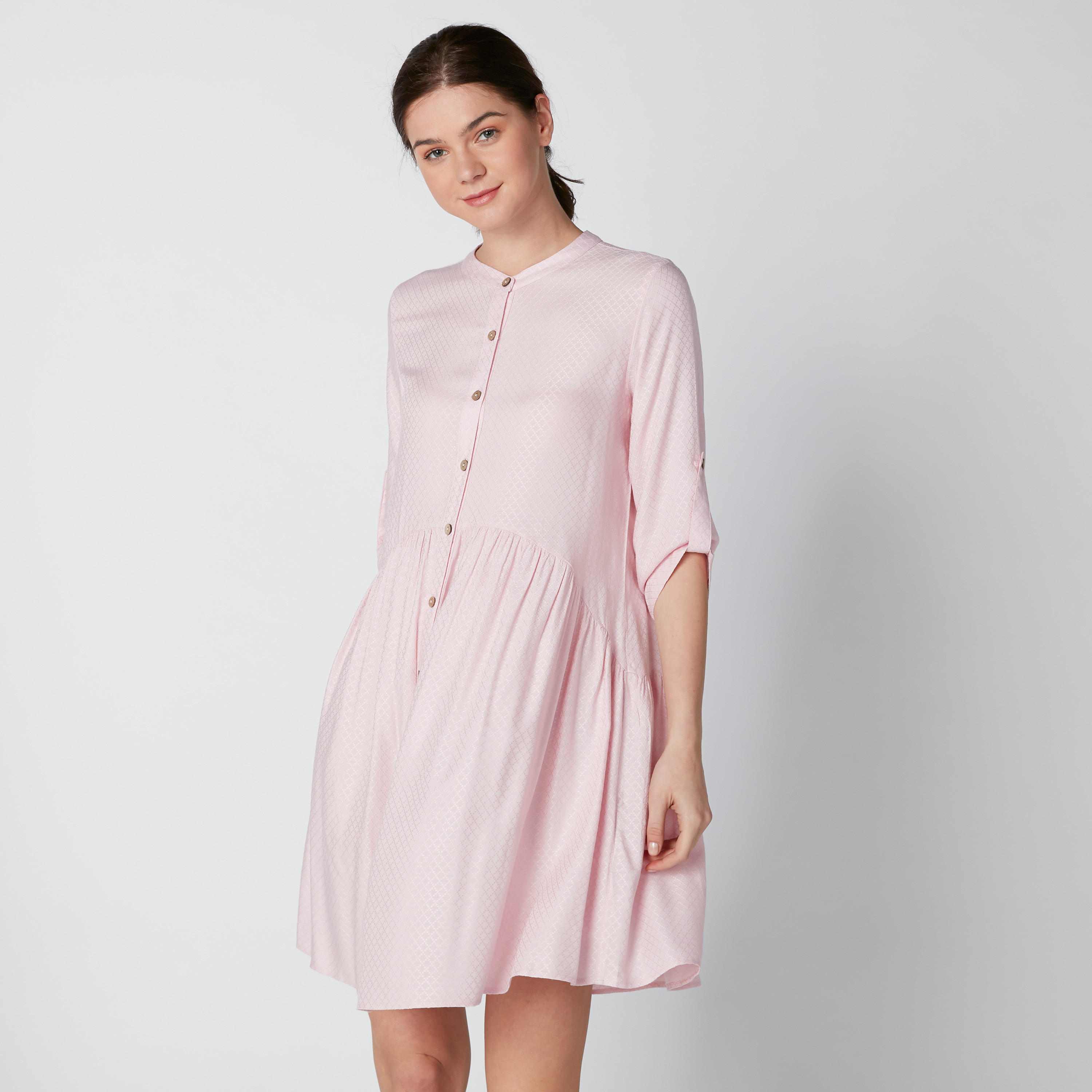 فستان قميص بياقة ماندارين وأكمام مثنية للأعلى-women-clothing-dresses-image-2