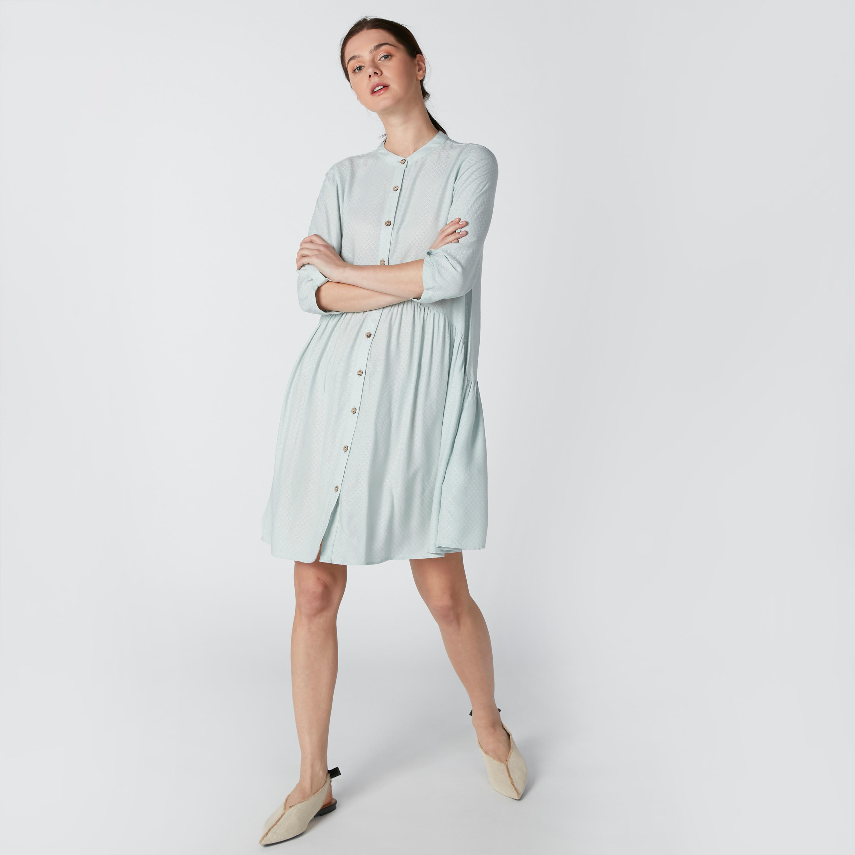 فستان قميص بأكمام 3/4 وياقة ماندرين-women-clothing-dresses-image-1