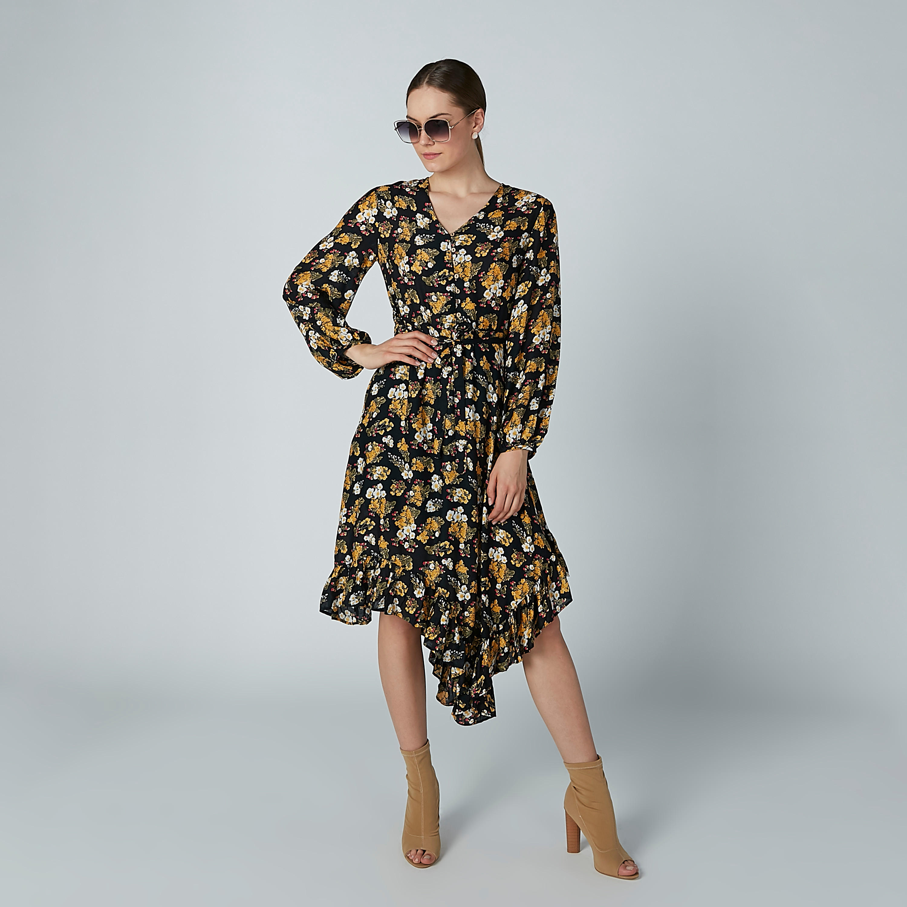 فستان متوسط الطول بأكمام طويلة وحواف غير مستوية وطبعات زهرية-women-clothing-dresses-image-2
