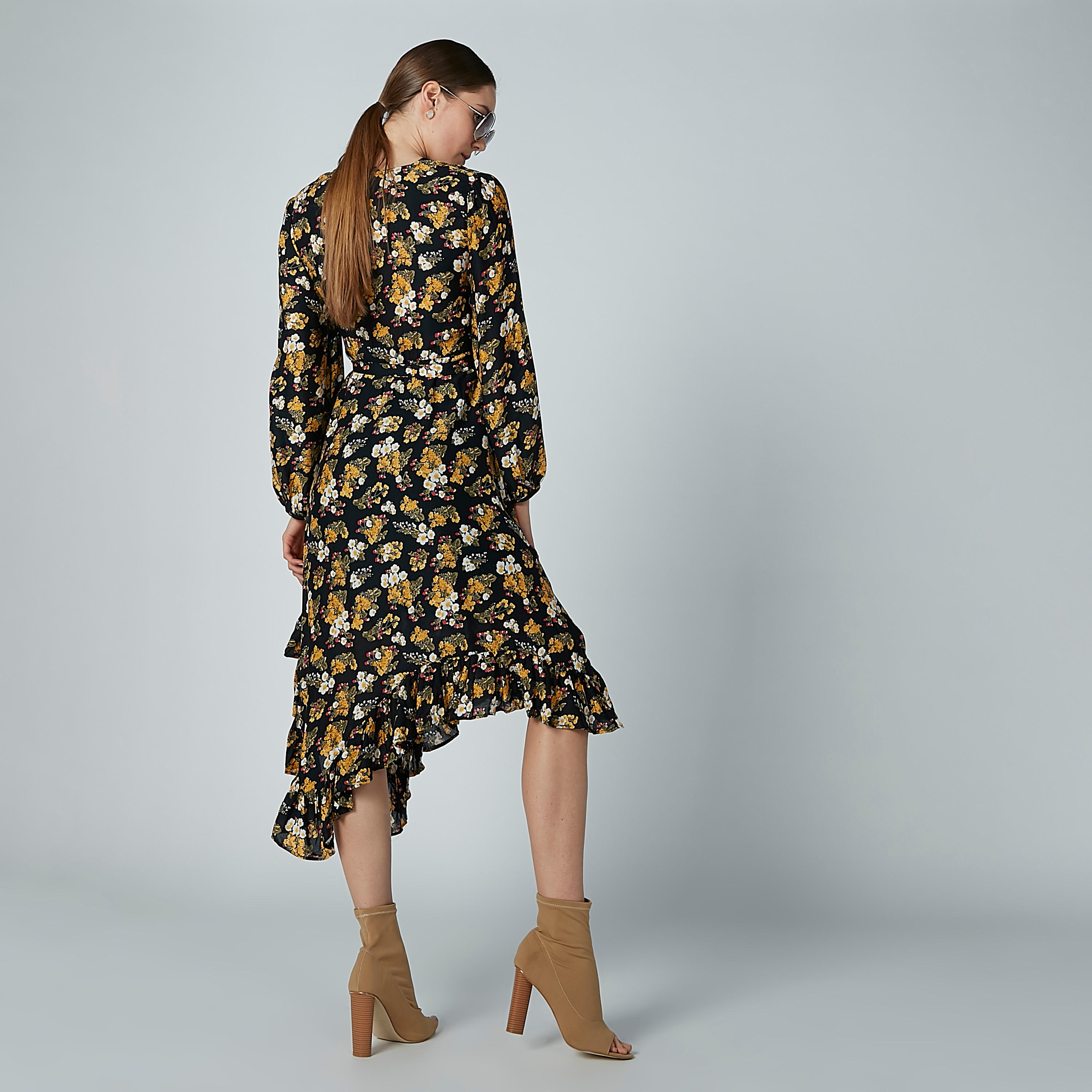 فستان متوسط الطول بأكمام طويلة وحواف غير مستوية وطبعات زهرية-women-clothing-dresses-image-4