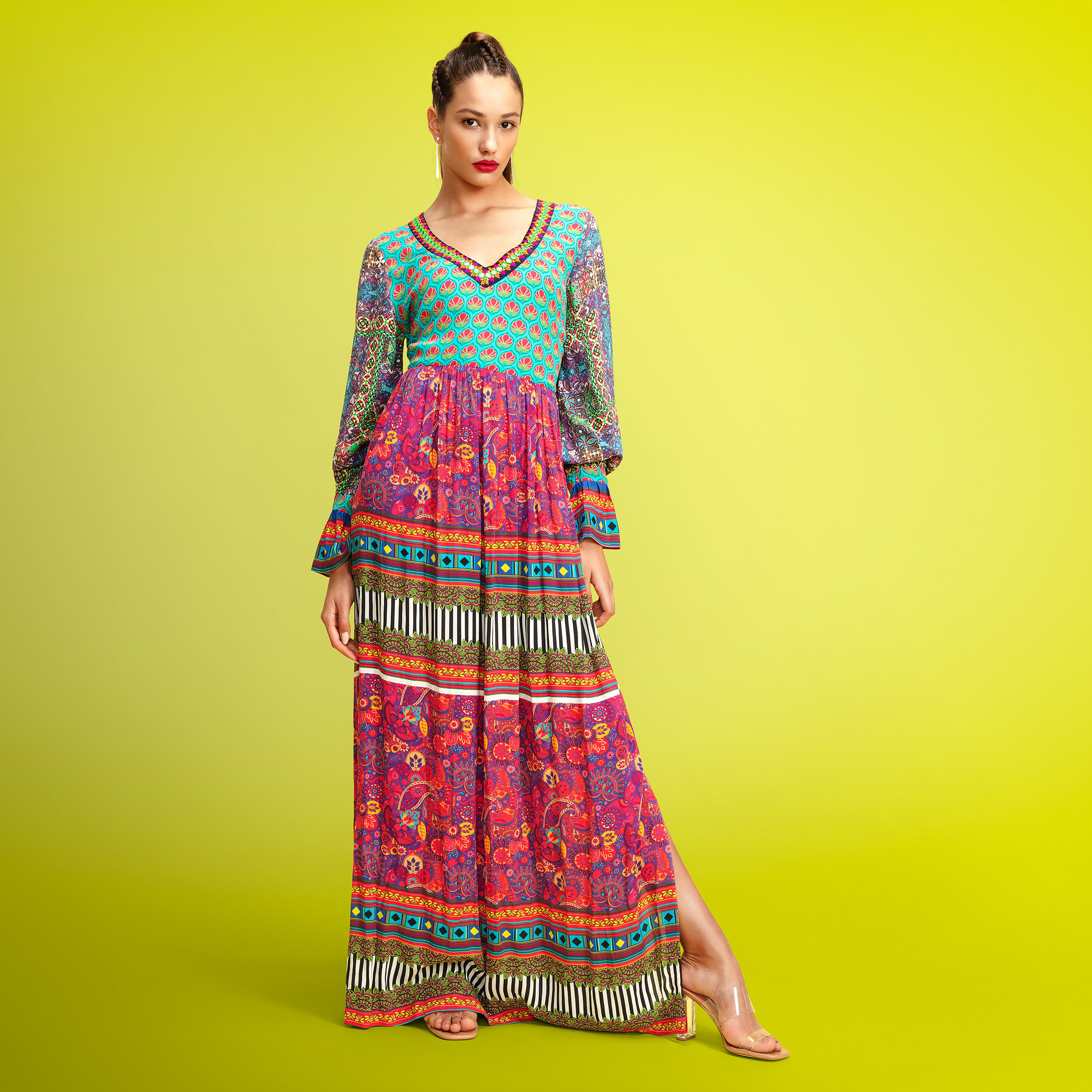Printed Maxi A-line Dress with V-neck and Flared Sleeves-women-clothing-dresses-image-1