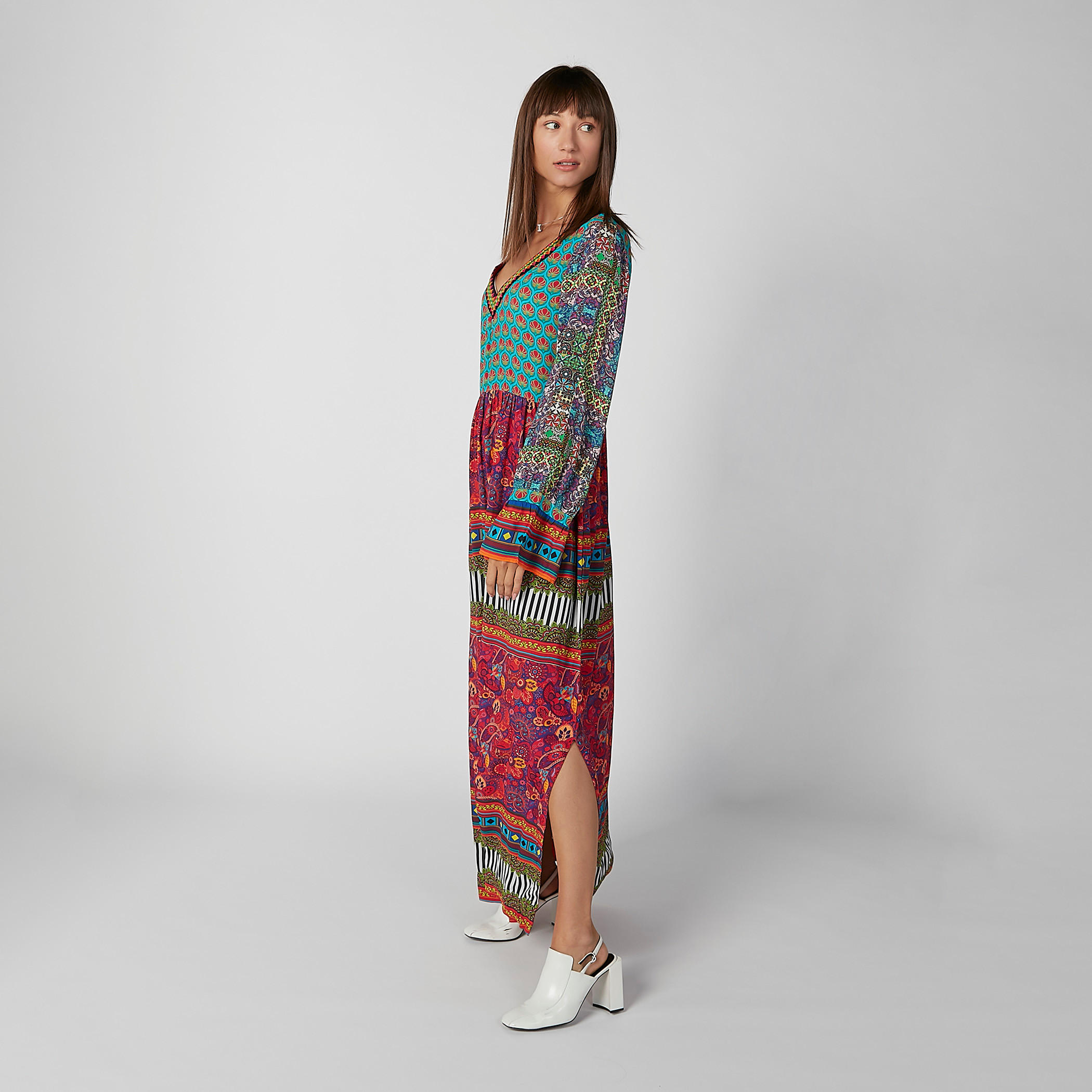 Printed Maxi A-line Dress with V-neck and Flared Sleeves-women-clothing-dresses-image-2