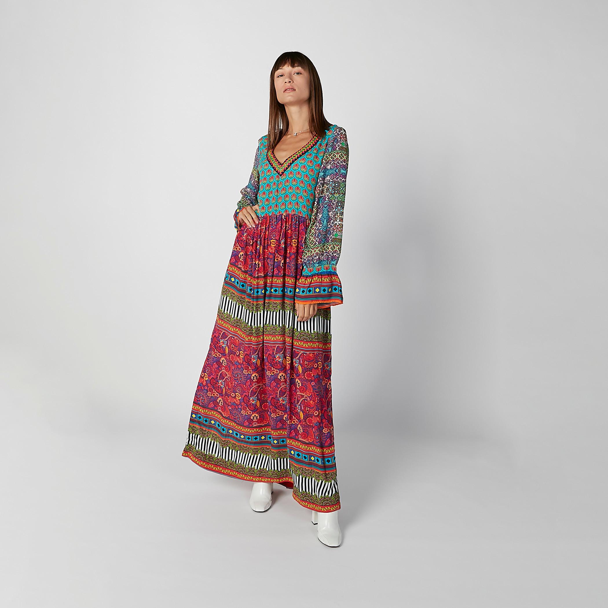 Printed Maxi A-line Dress with V-neck and Flared Sleeves-women-clothing-dresses-image-6