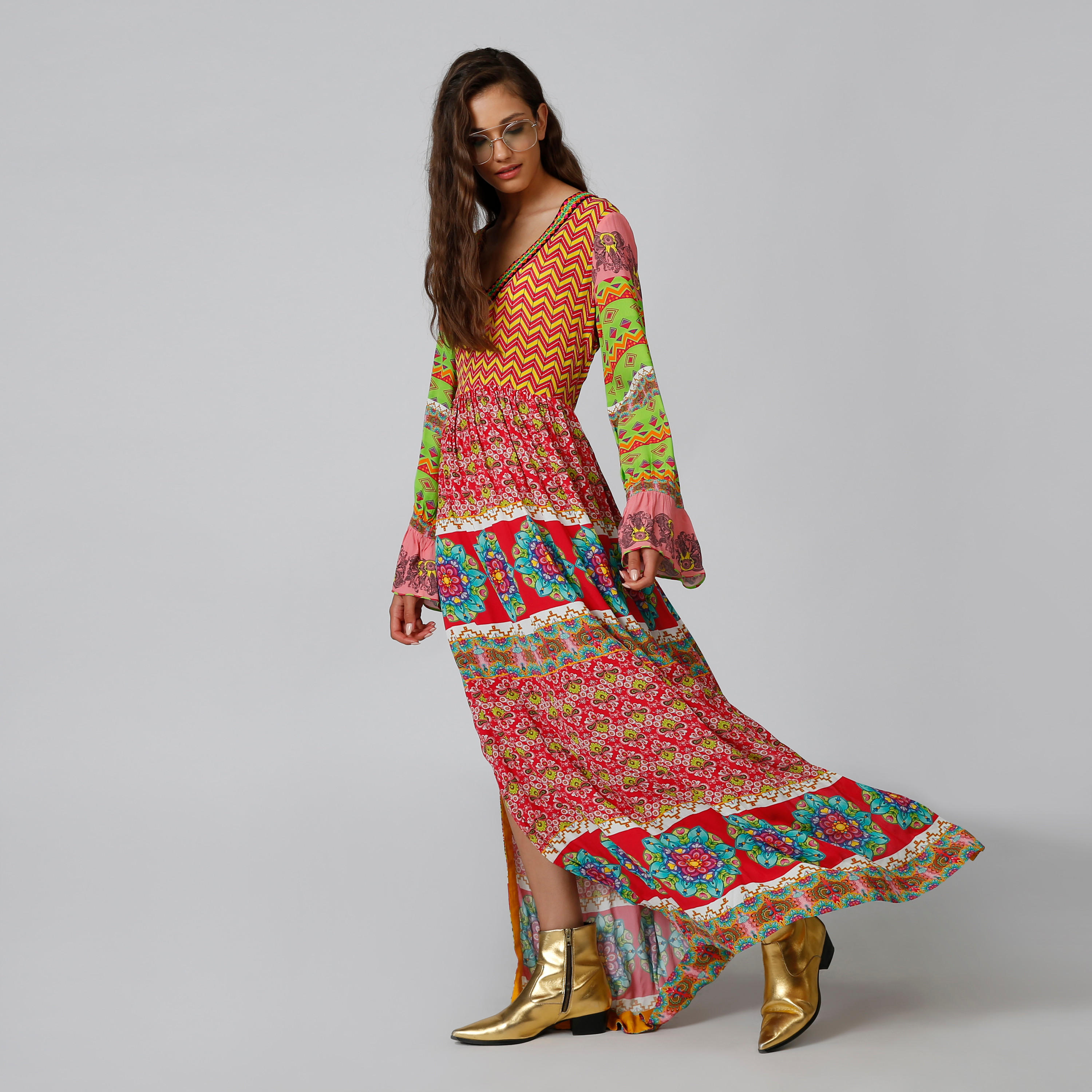 فستان طويل إيه لاين بياقة V وأكمام جرس وطبعات-women-clothing-dresses-image-3