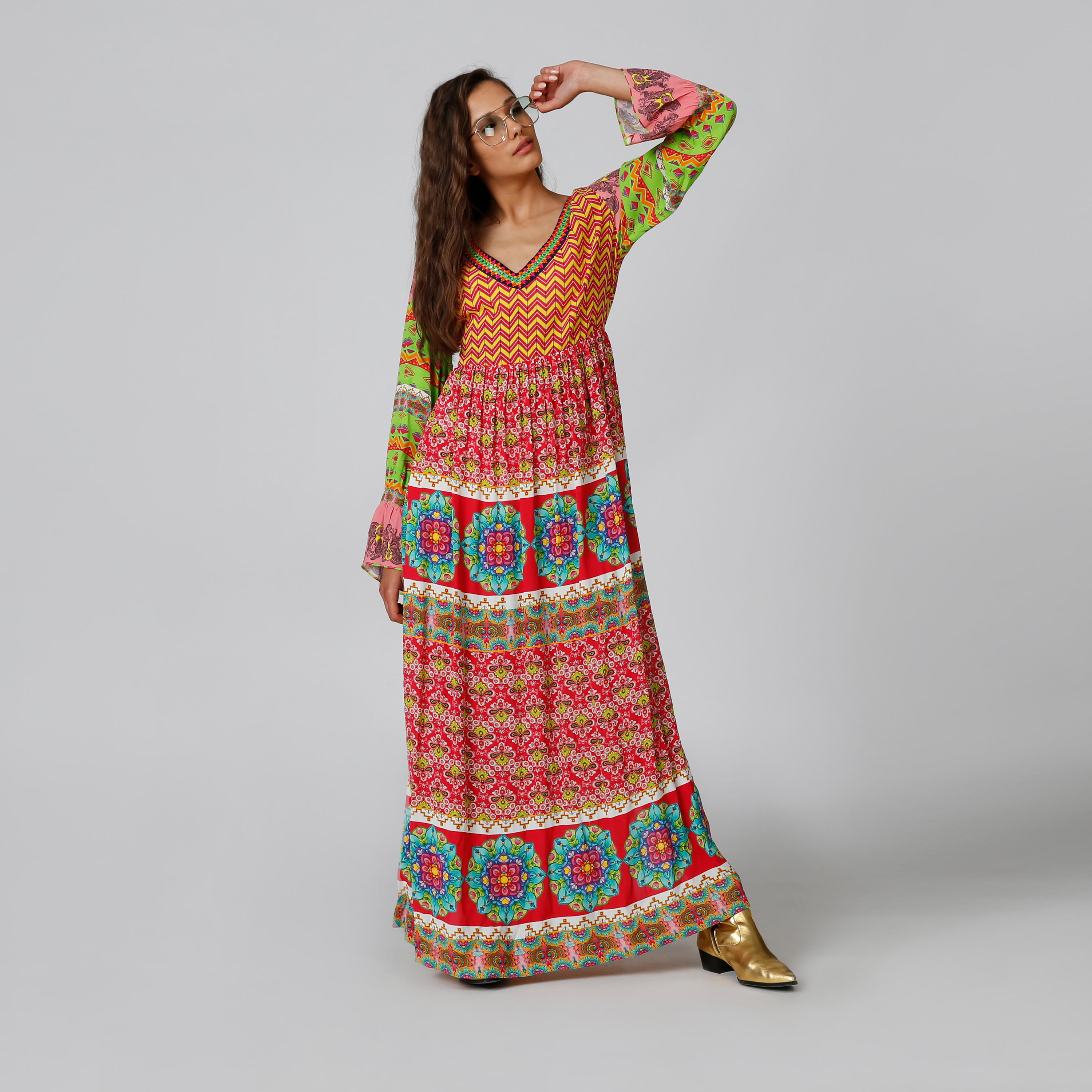 فستان طويل إيه لاين بياقة V وأكمام جرس وطبعات-women-clothing-dresses-image-4