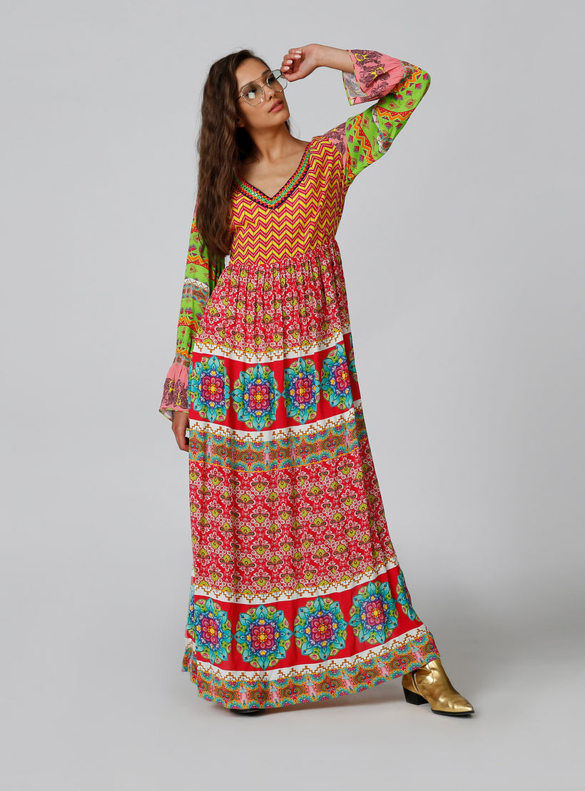فستان طويل إيه لاين بياقة V وأكمام جرس وطبعات-women-clothing-dresses-image-4
