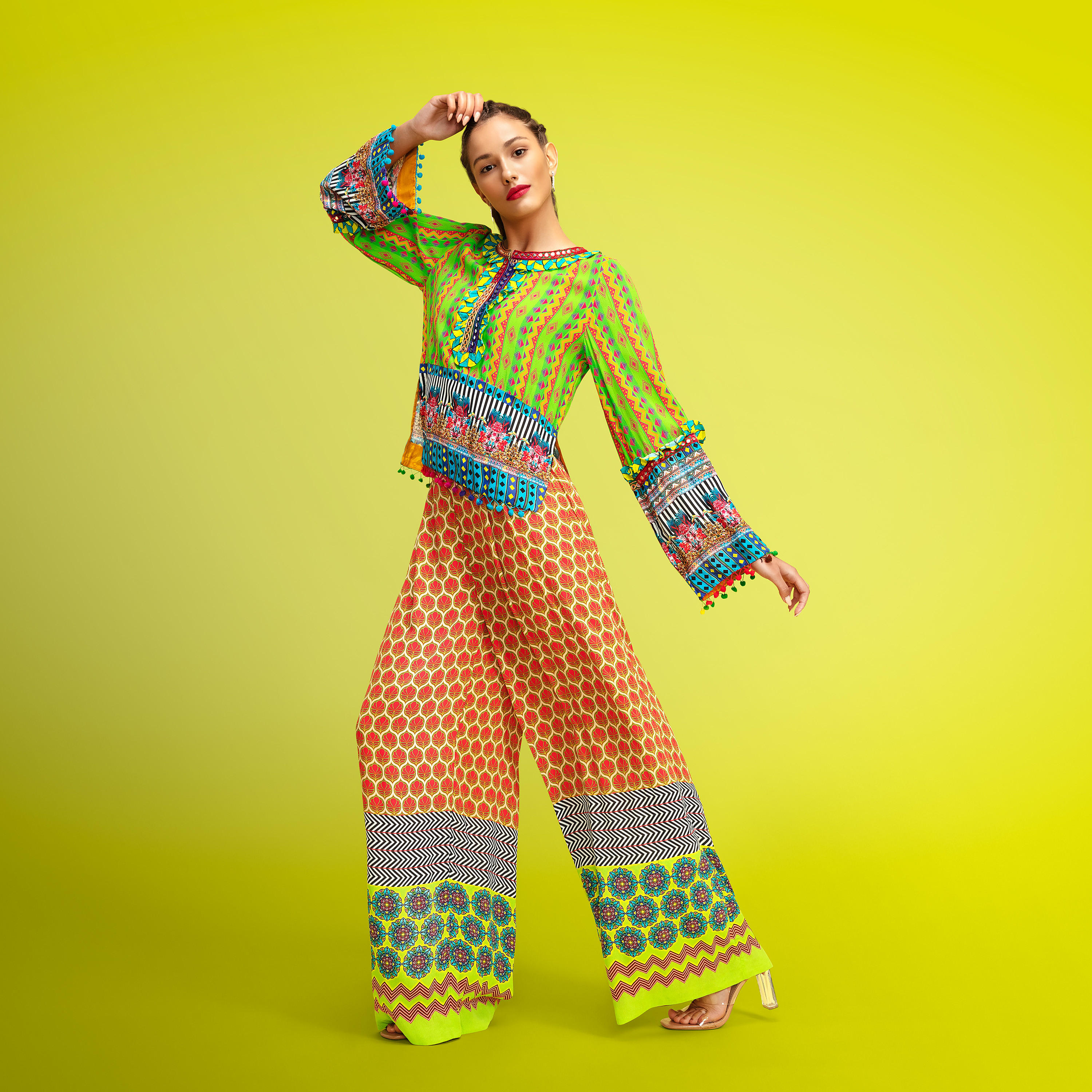 Printed Top with Round Neck and Bell Sleeves-women-clothing-shirtsandblouses-blouses-image-1