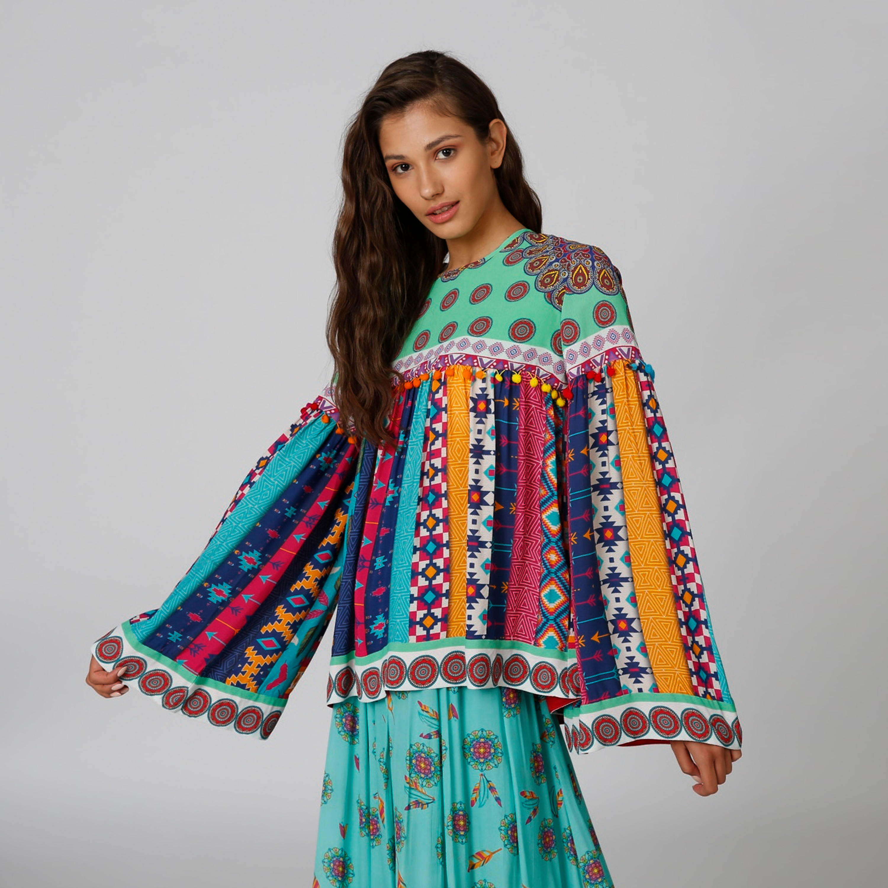 Printed Top with Round Neck and Flared Sleeves-women-clothing-shirtsandblouses-blouses-image-2