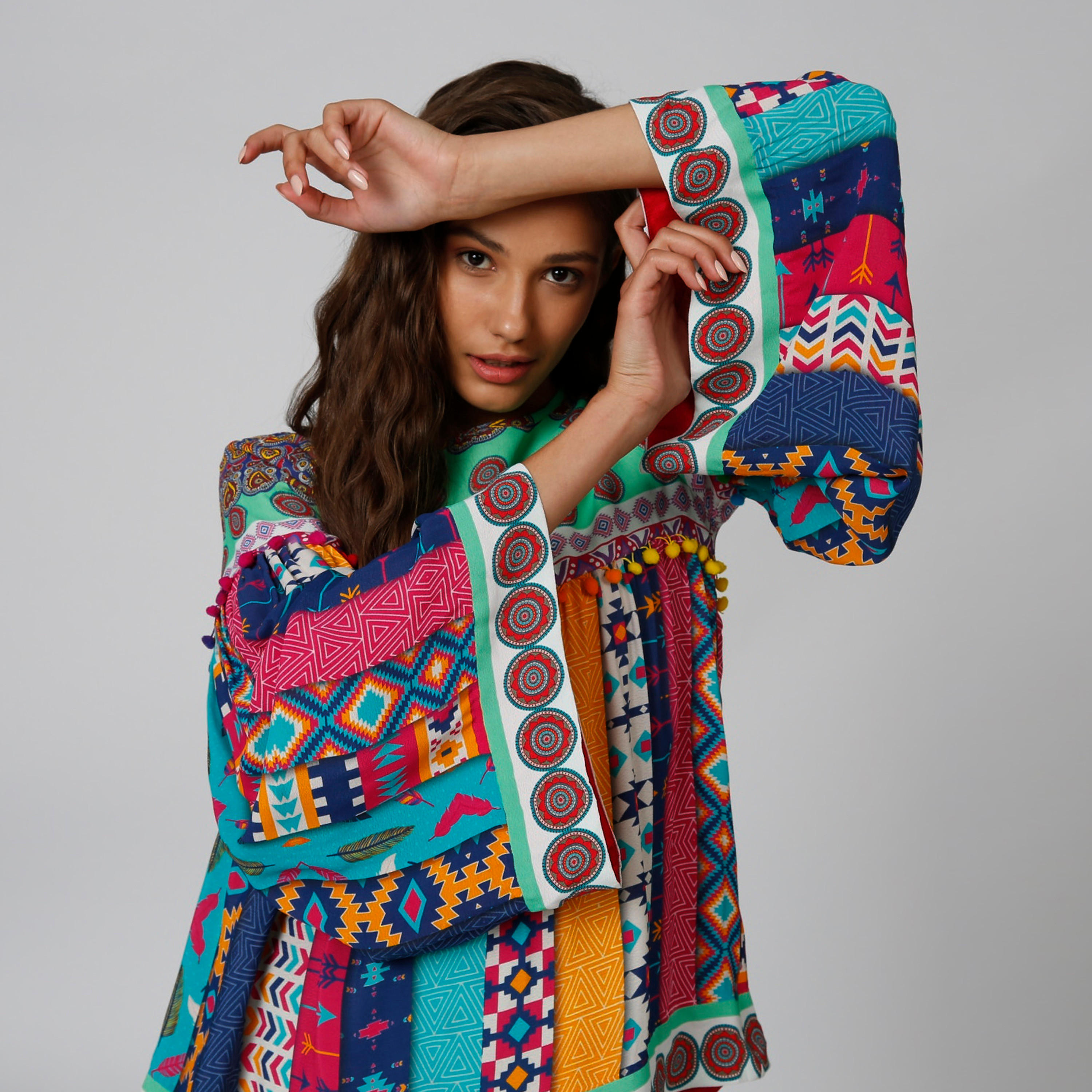 Printed Top with Round Neck and Flared Sleeves-women-clothing-shirtsandblouses-blouses-image-6