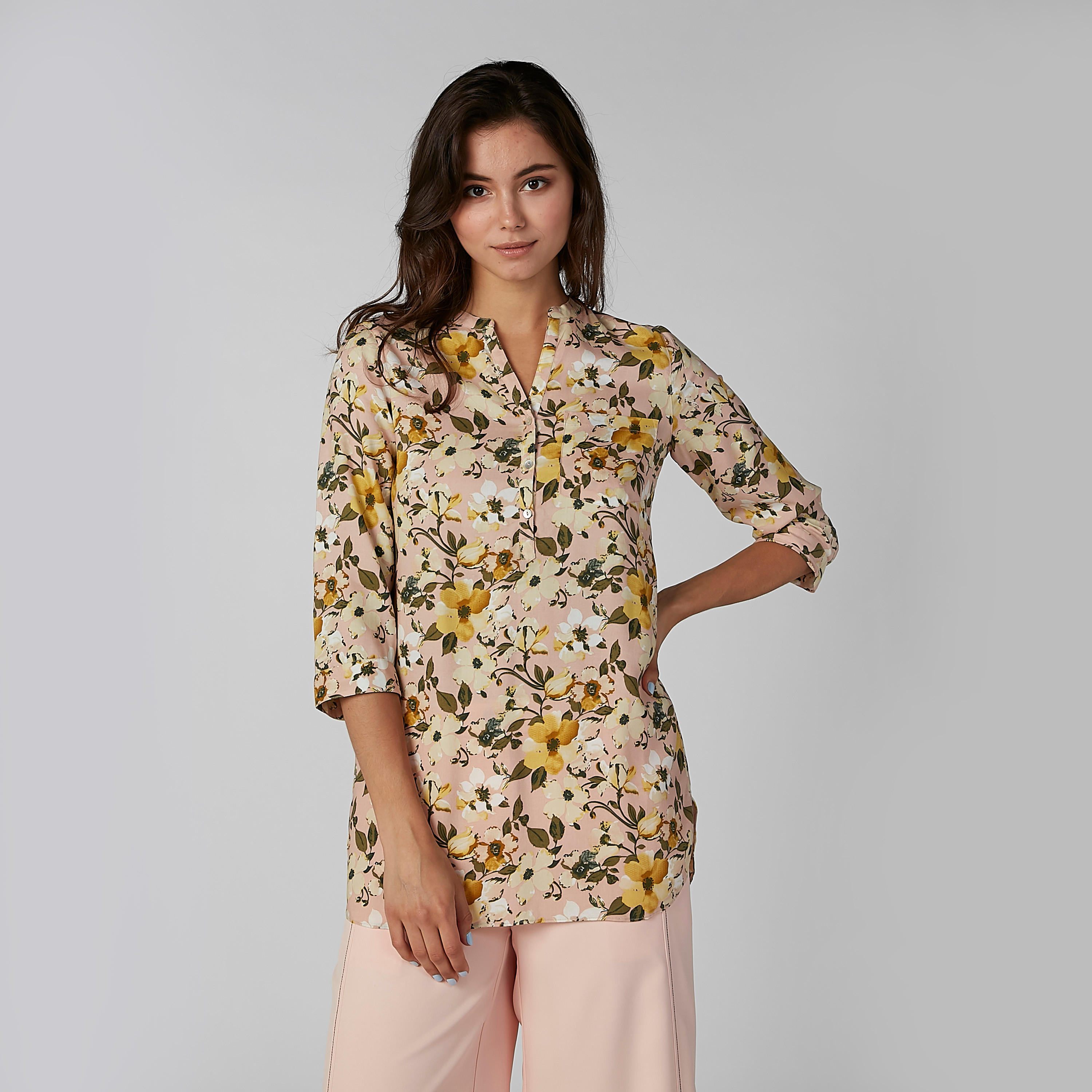 بلوزة مستدامة بياقة ماندارين وأكمام 3/4 وطبعات -women-clothing-shirtsandblouses-blouses-image-1