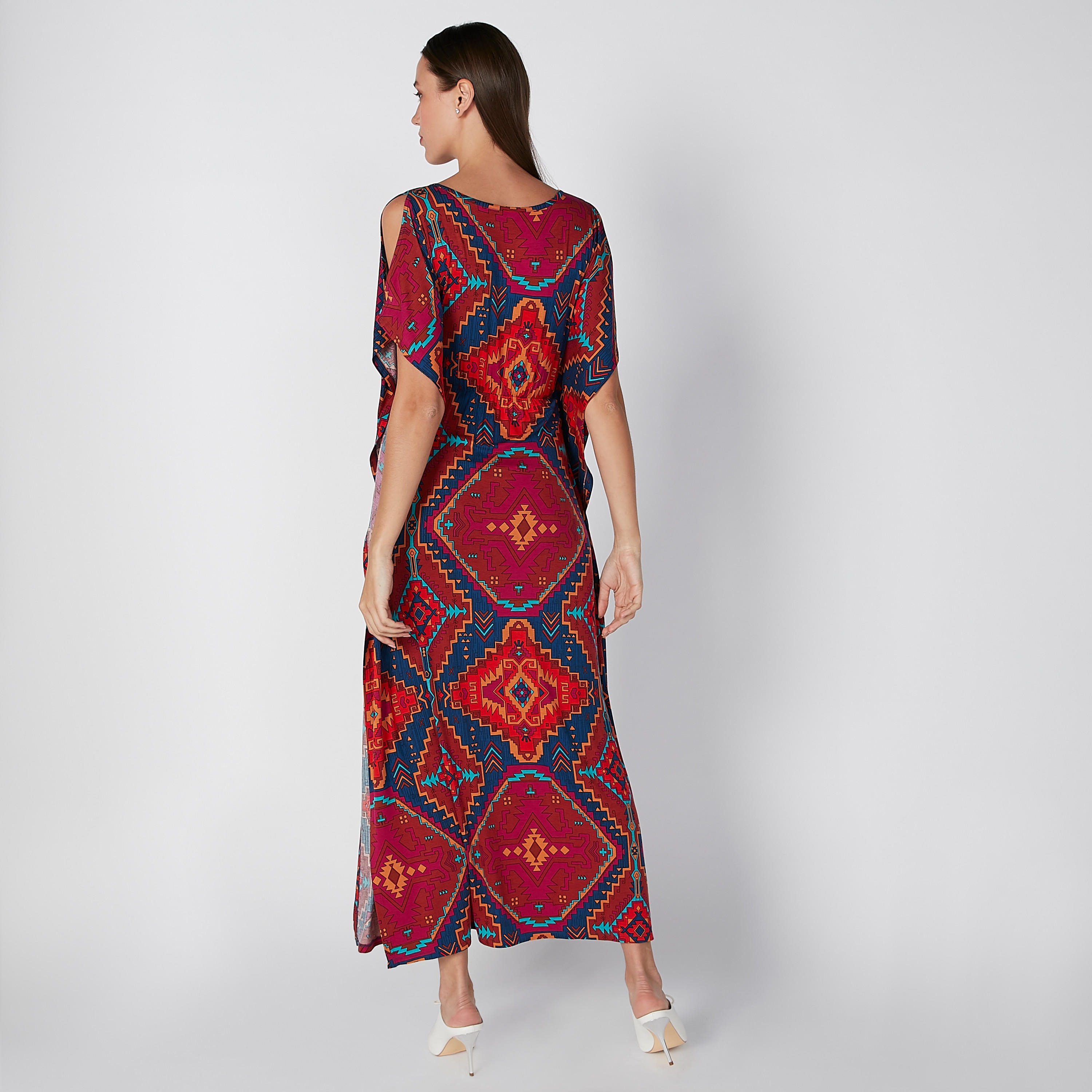 فستان قفطان مستدام طويل مكشوف الأكتاف بياقة مستديرة وطبعات -women-clothing-dresses-image-2