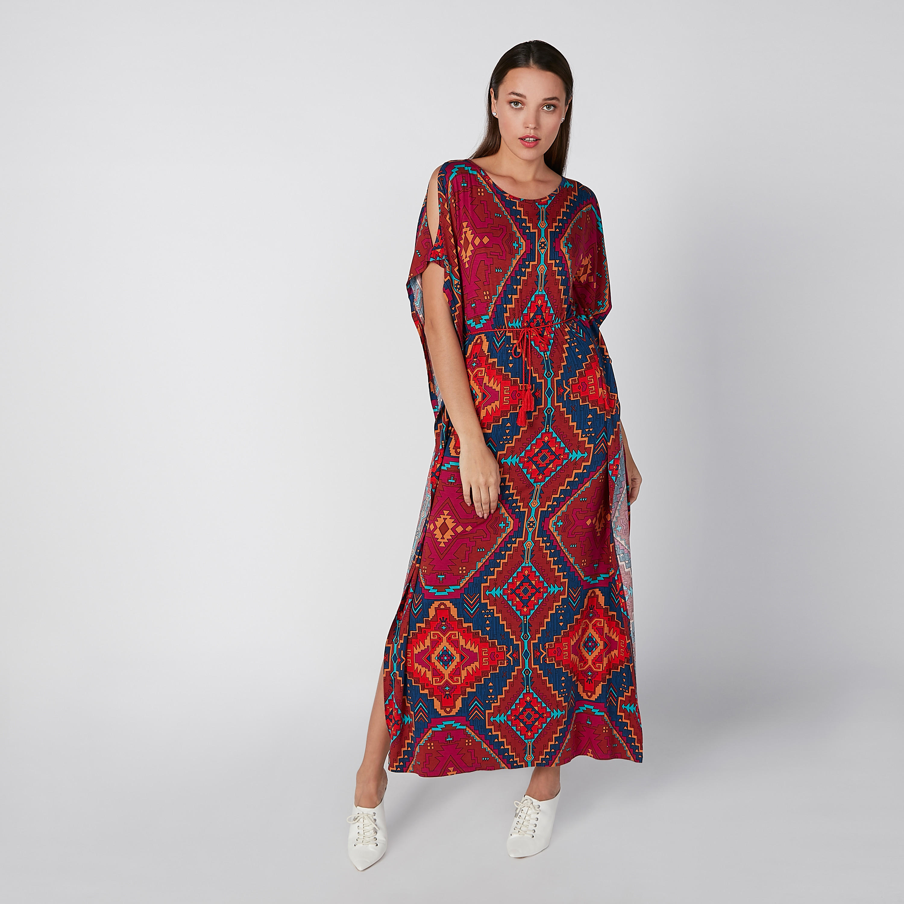 فستان قفطان مستدام طويل مكشوف الأكتاف بياقة مستديرة وطبعات -women-clothing-dresses-image-3