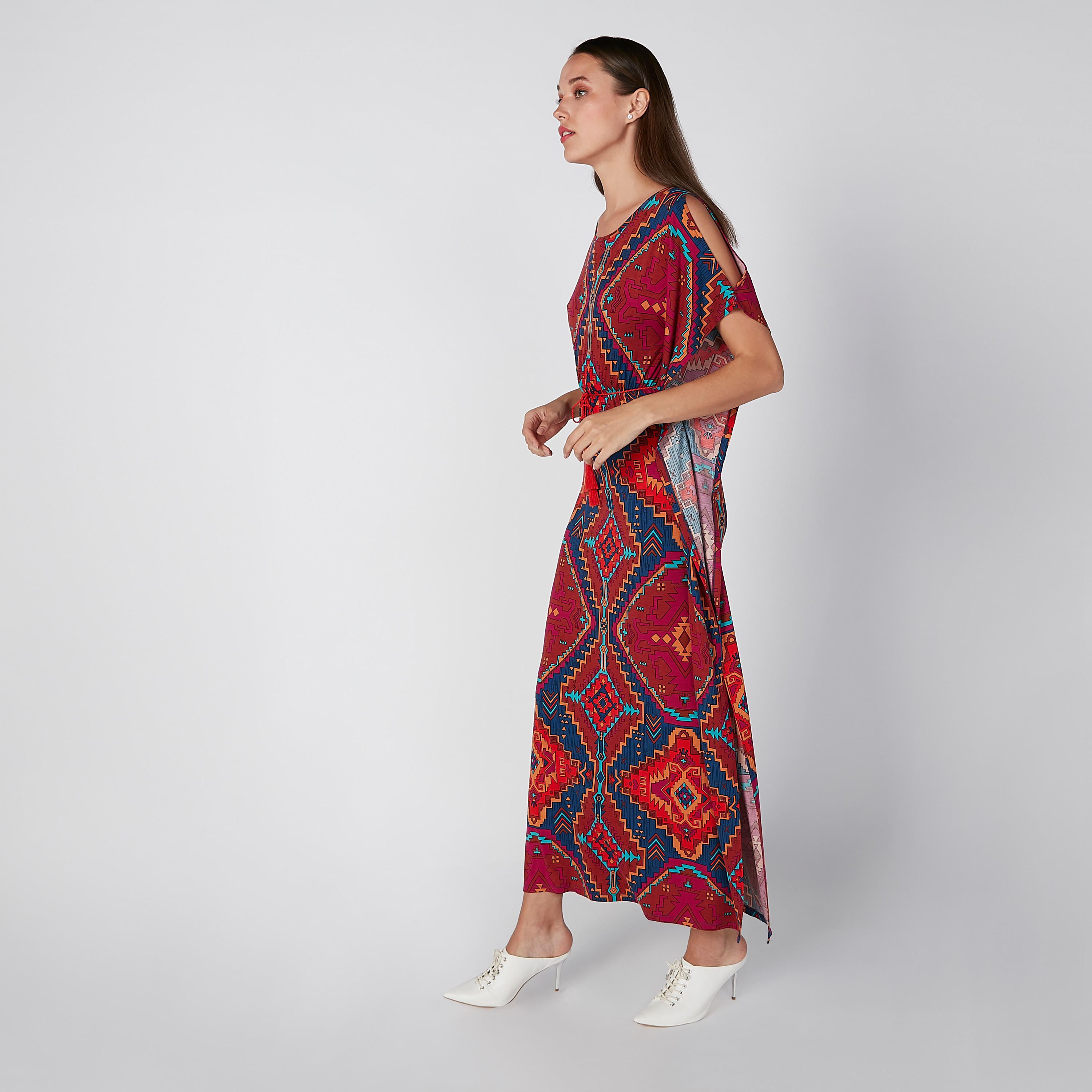فستان قفطان مستدام طويل مكشوف الأكتاف بياقة مستديرة وطبعات -women-clothing-dresses-image-4