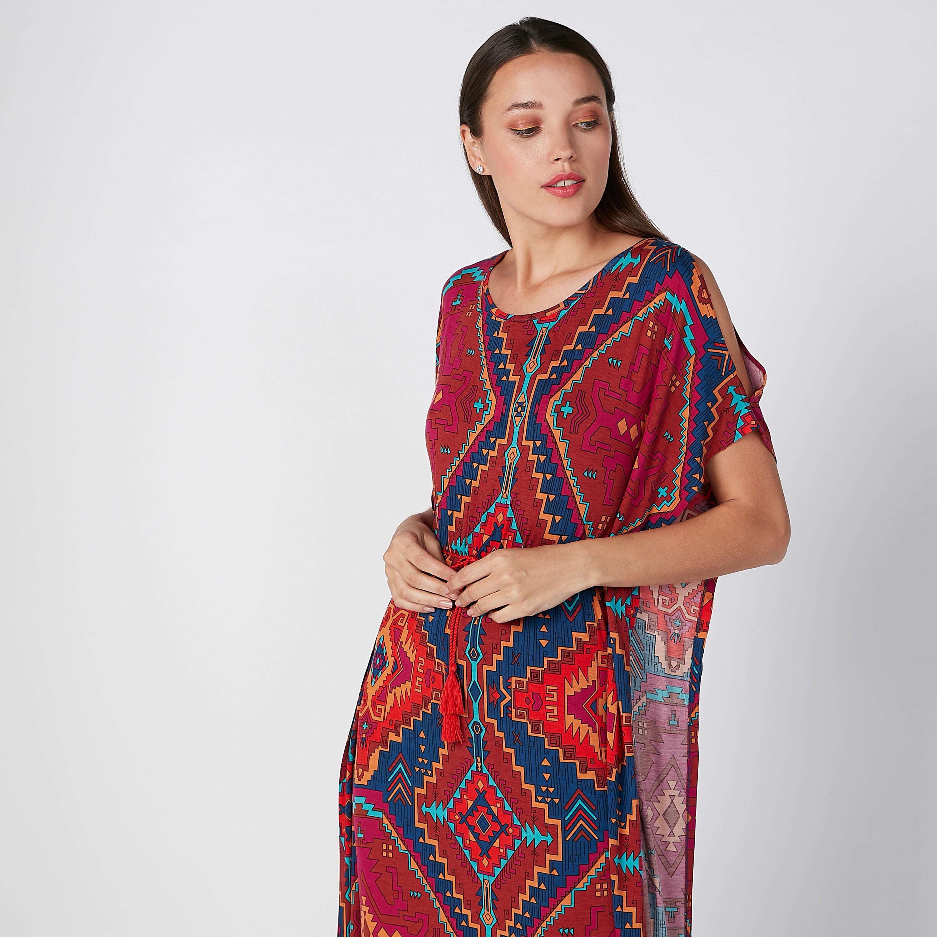 فستان قفطان مستدام طويل مكشوف الأكتاف بياقة مستديرة وطبعات -women-clothing-dresses-image-5