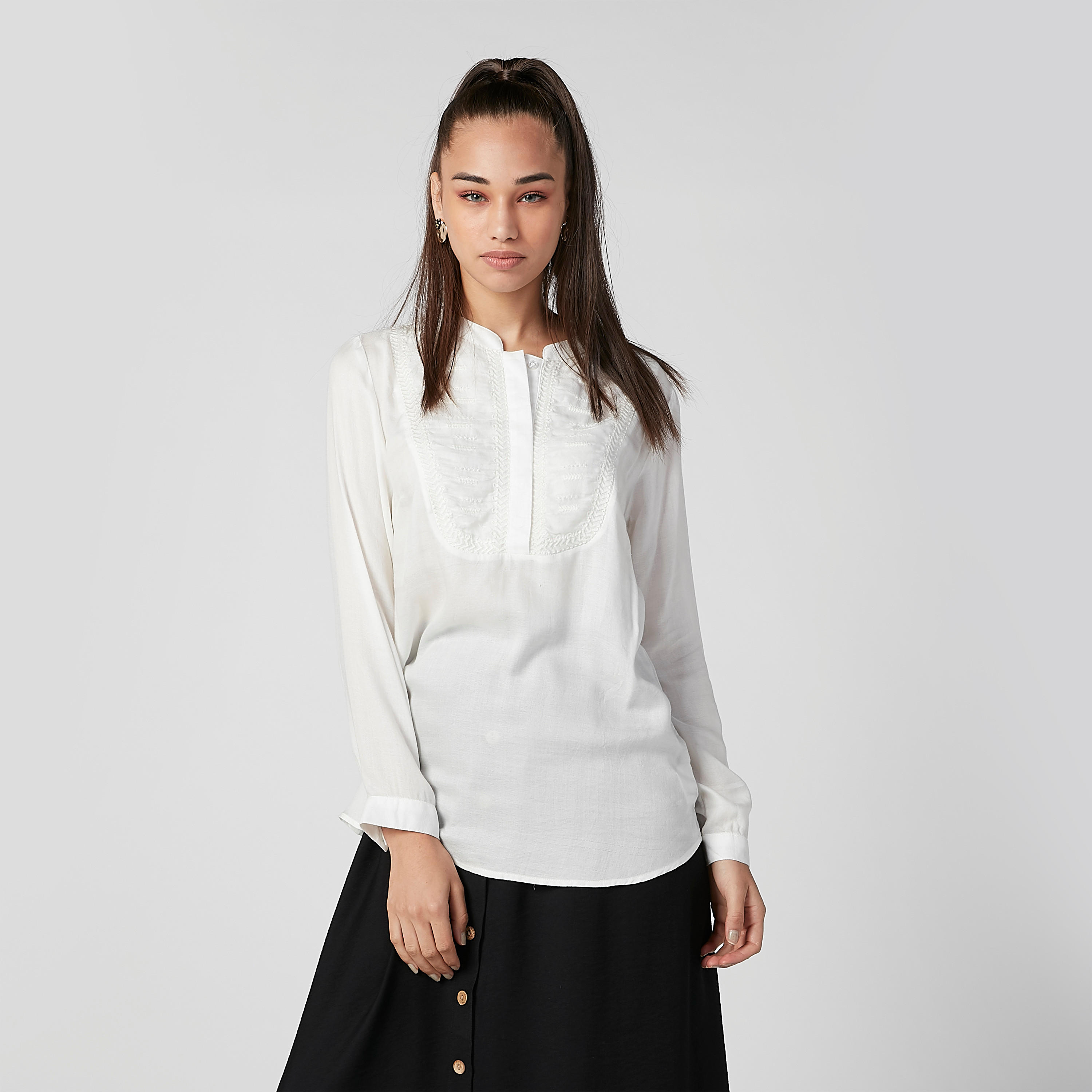 بلوزة بارزة الملمس بياقة ماندارين وحوّاف غير مستوية-women-clothing-shirtsandblouses-blouses-image-4