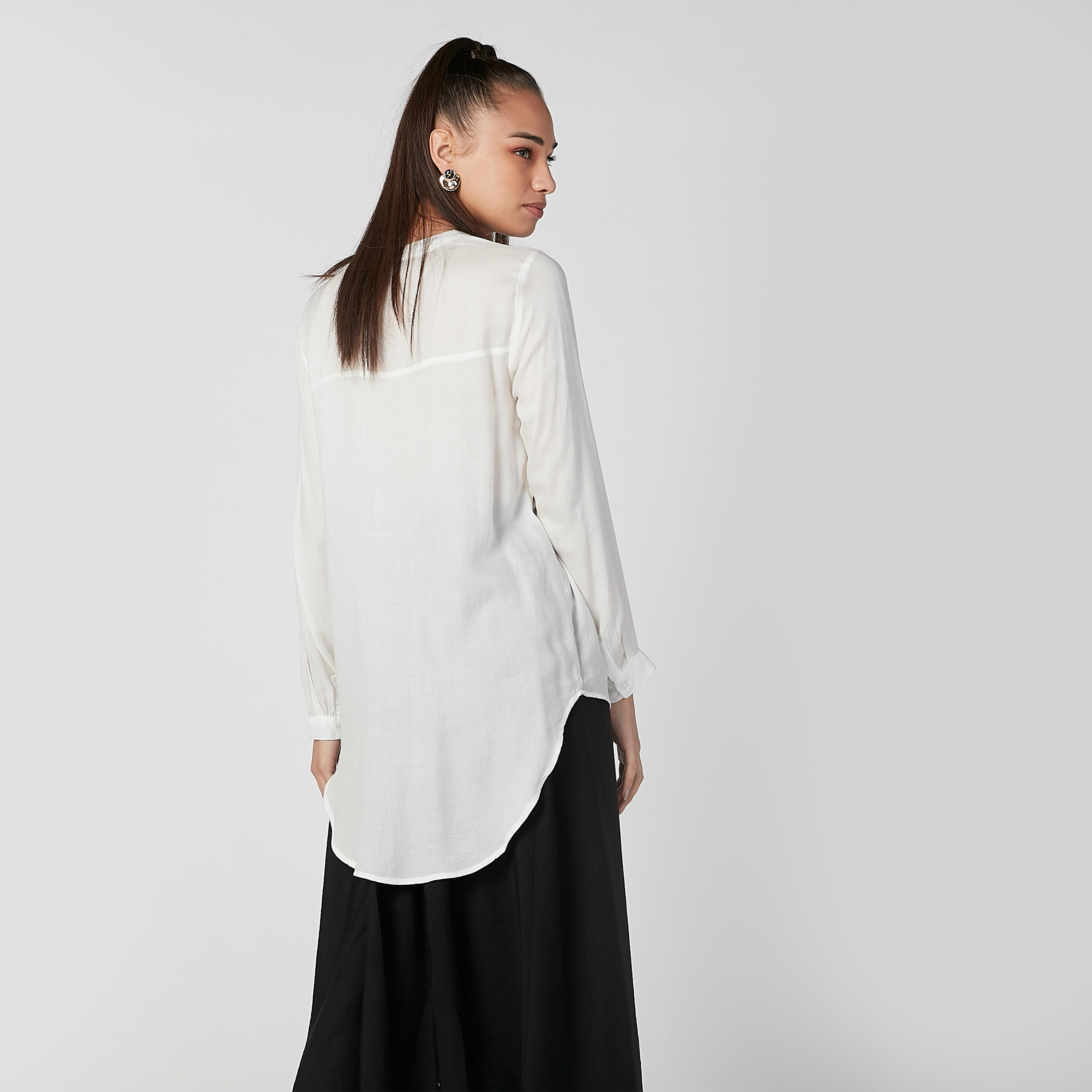 بلوزة بارزة الملمس بياقة ماندارين وحوّاف غير مستوية-women-clothing-shirtsandblouses-blouses-image-2