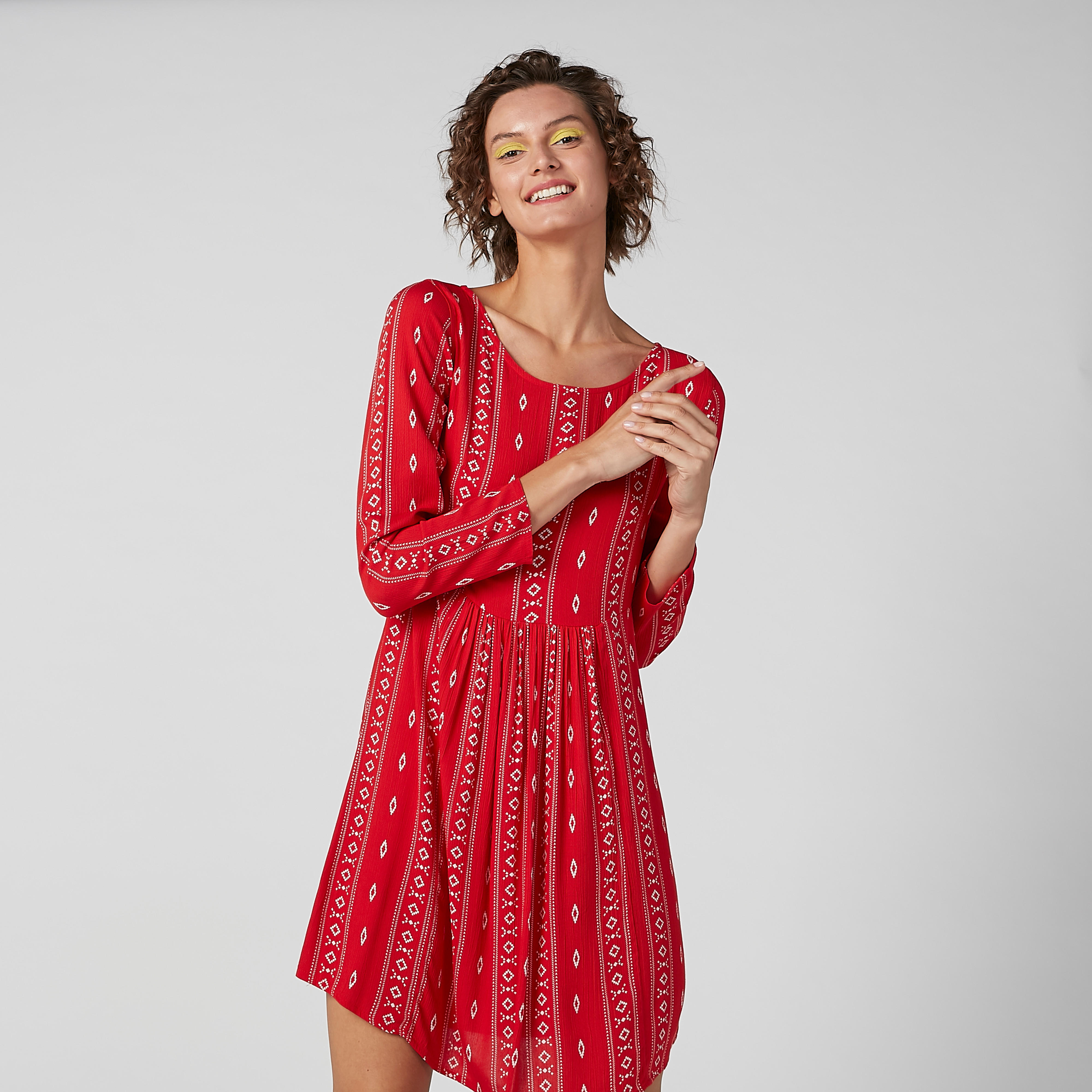 فستان مستدام بياقة عميقة وأكمام طويلة وطبعات -women-clothing-dresses-image-1