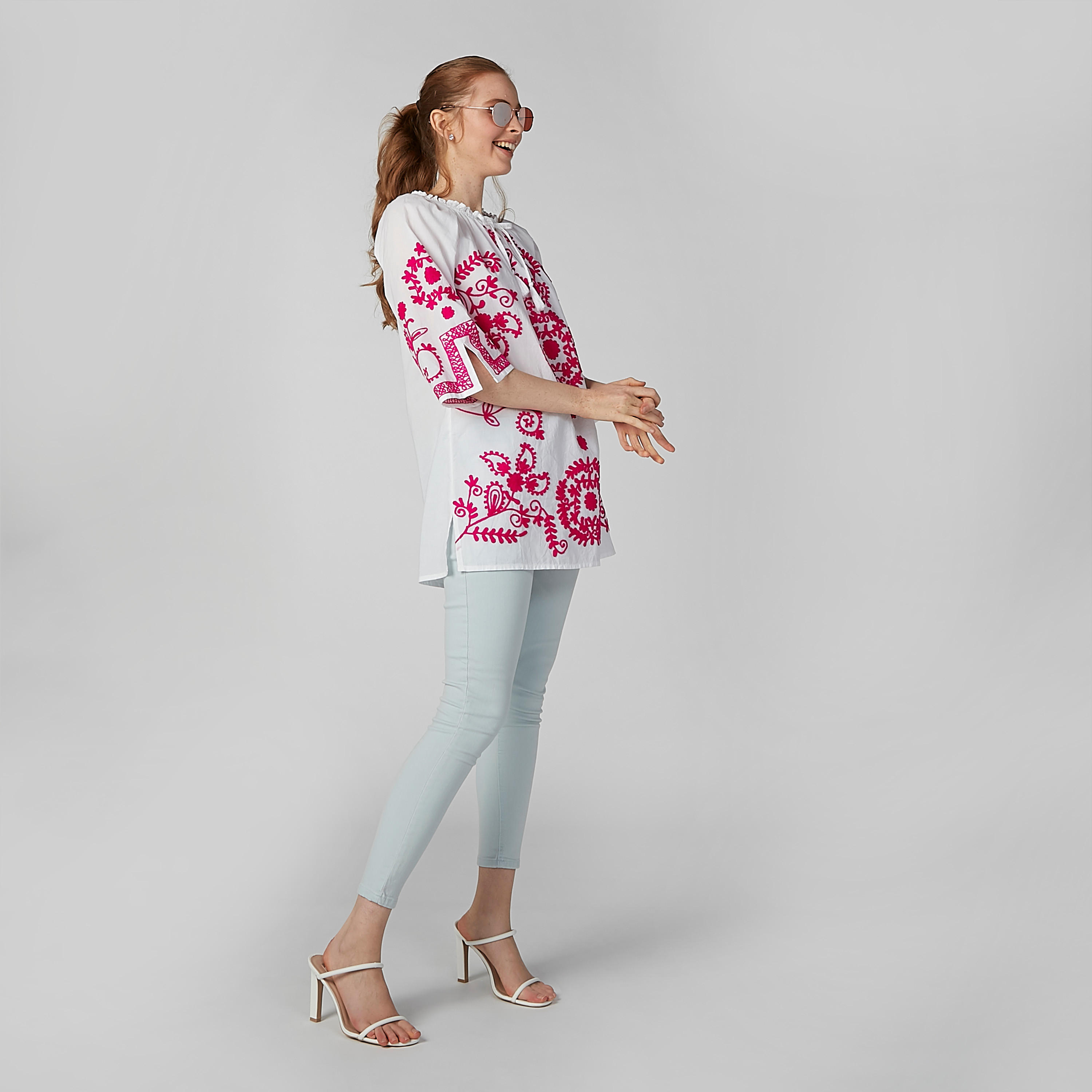 Embroidered Tunic with 3/4 Sleeves and Tie Ups-women-clothing-shirtsandblouses-blouses-image-1
