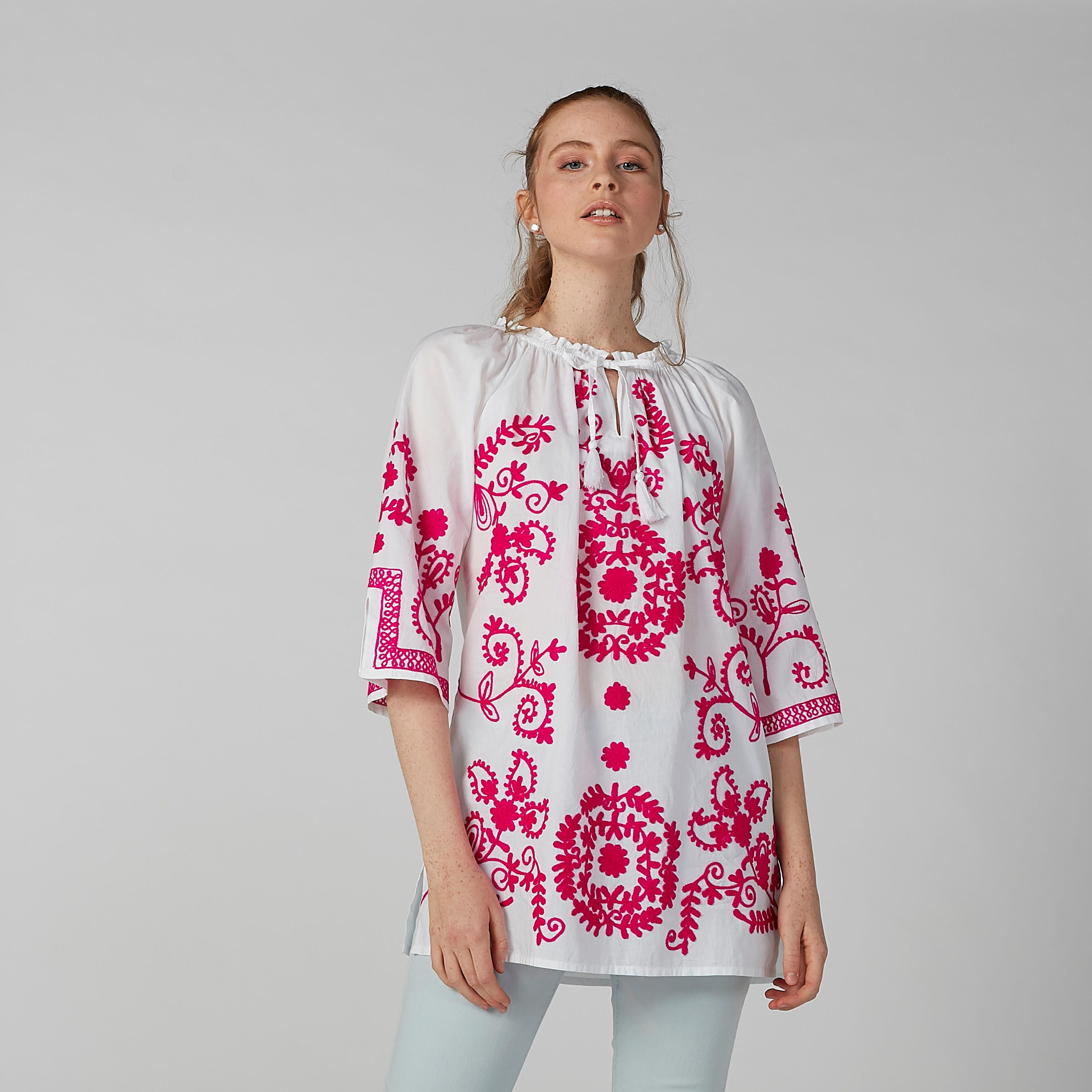 Embroidered Tunic with 3/4 Sleeves and Tie Ups-women-clothing-shirtsandblouses-blouses-image-2