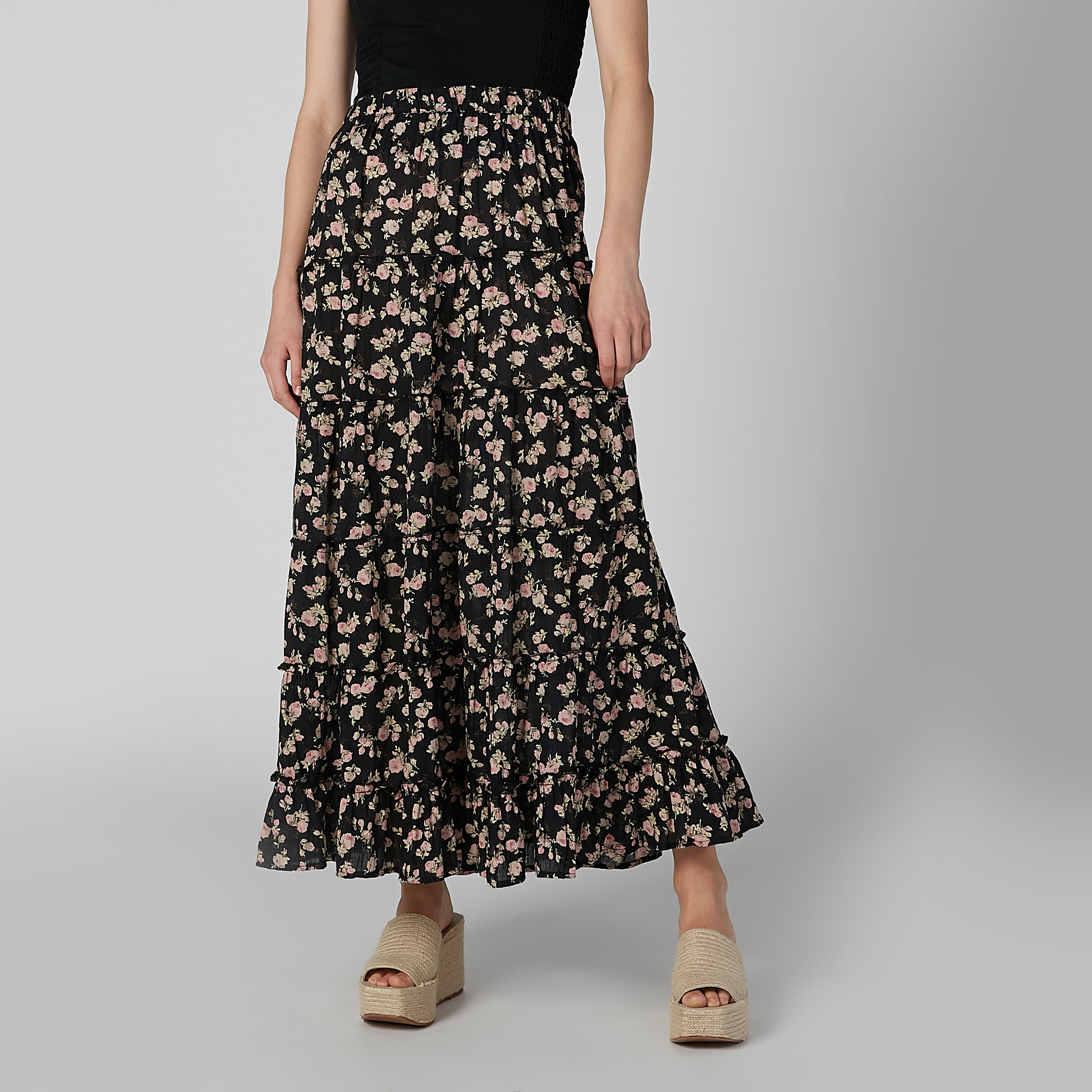 تنورة إيه لاين طويلة بخصر مطّاطي وطبعات زهرية-women-clothing-bottoms-skirts-image-1