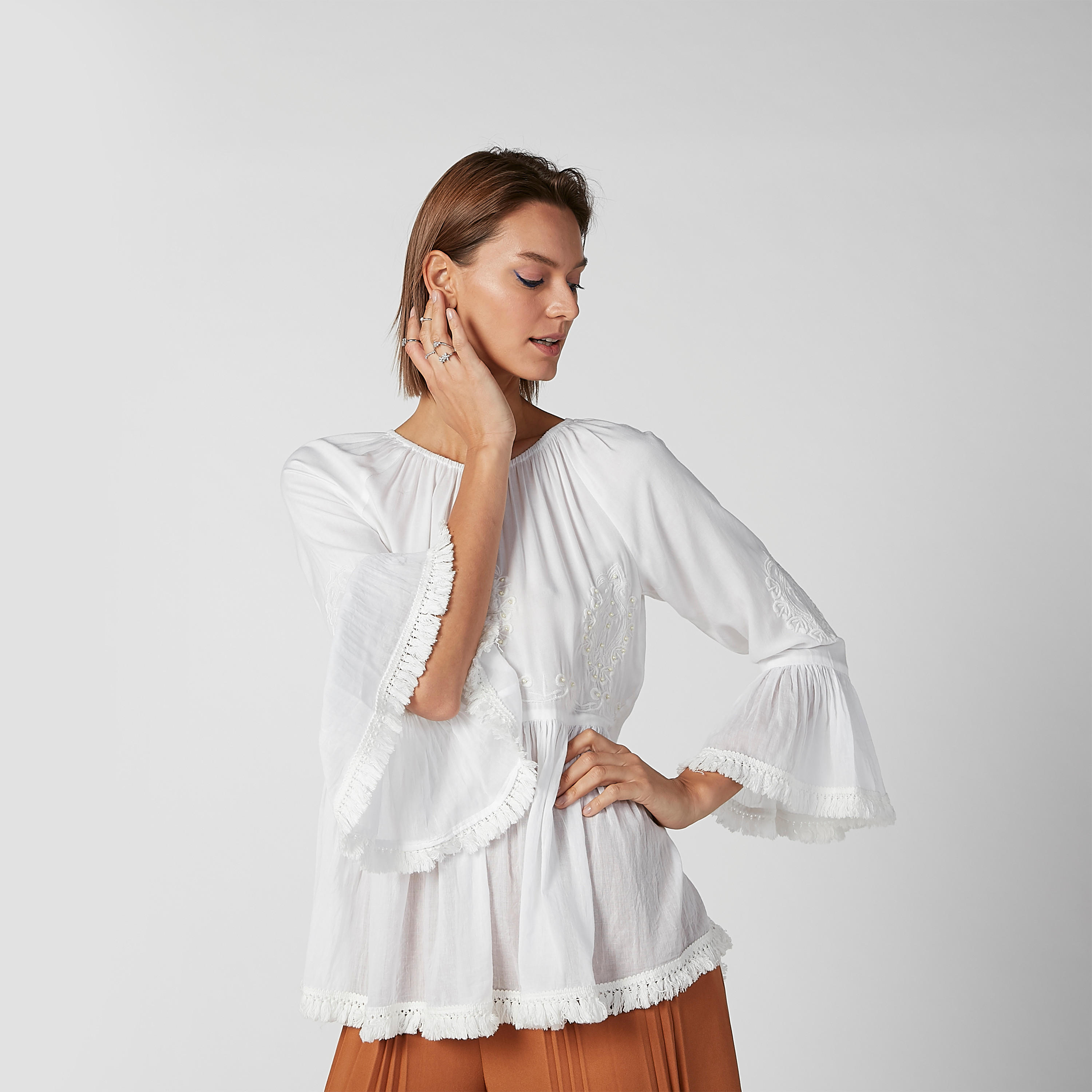 Textured Top with Round Neck and Bell Sleeves-women-clothing-shirtsandblouses-blouses-image-1