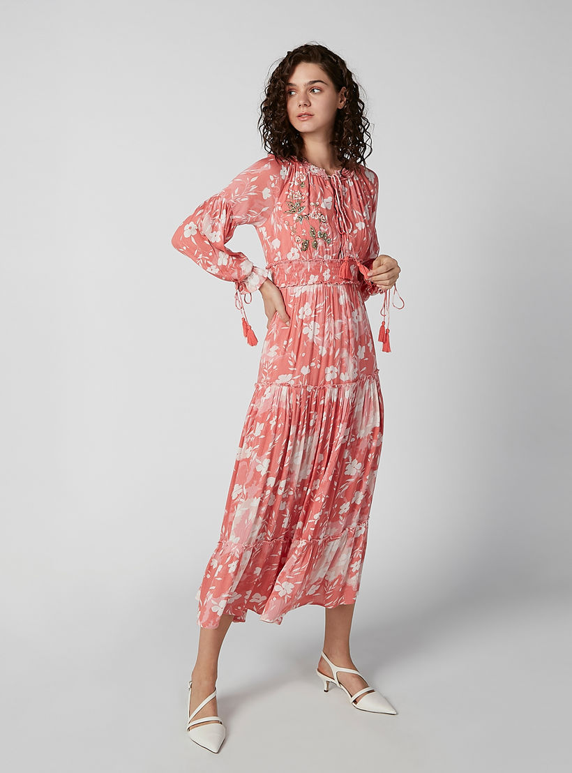 Printed Maxi A-line Dress with Long Sleeves and Tie Ups-women-clothing-dresses-image-1