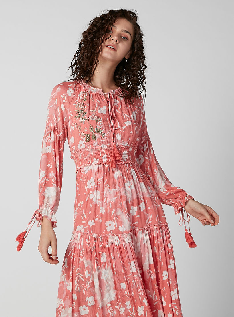 Printed Maxi A-line Dress with Long Sleeves and Tie Ups-women-clothing-dresses-image-3