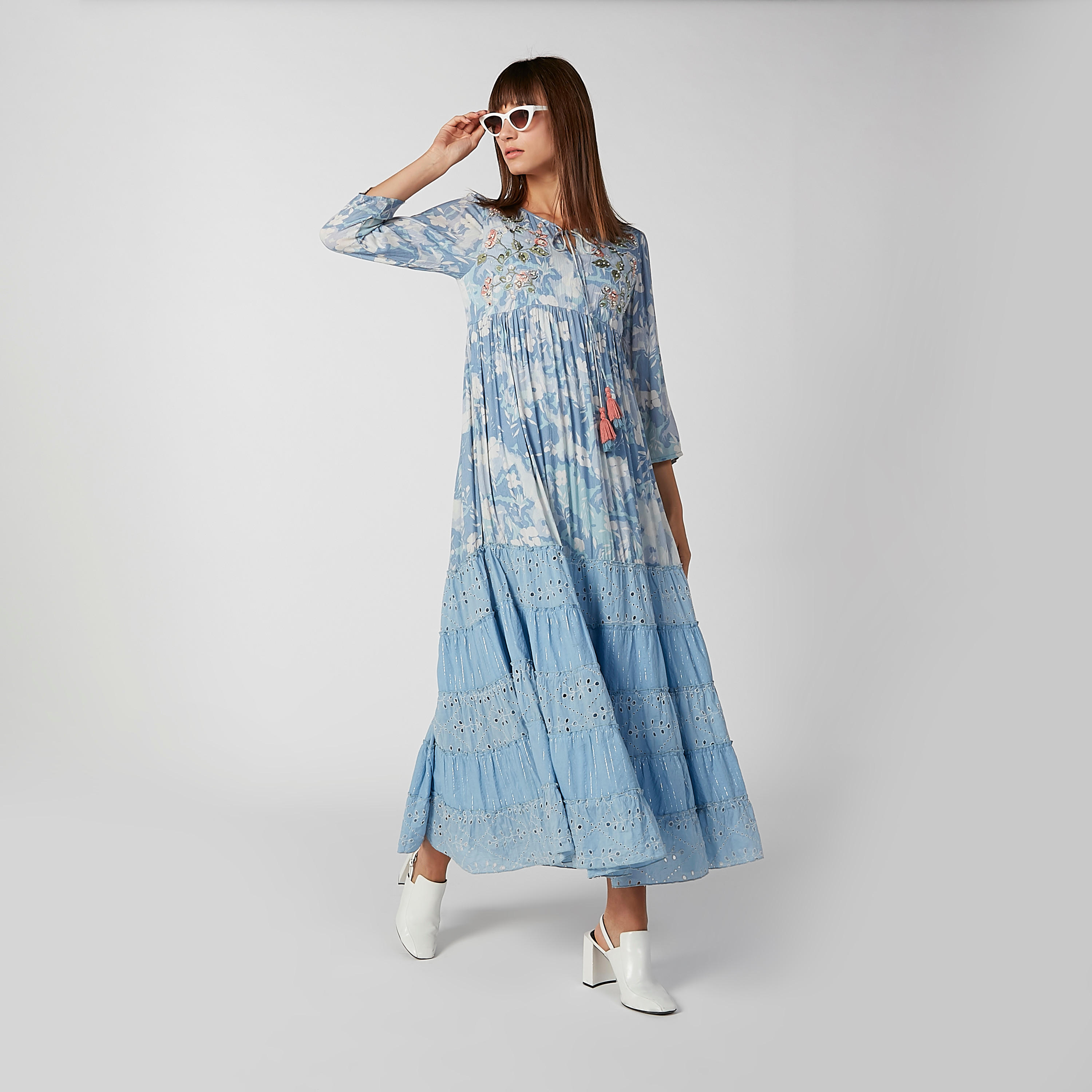 Printed Maxi A-line Dress with Schiffli Detail and Tie Ups-women-clothing-dresses-image-4